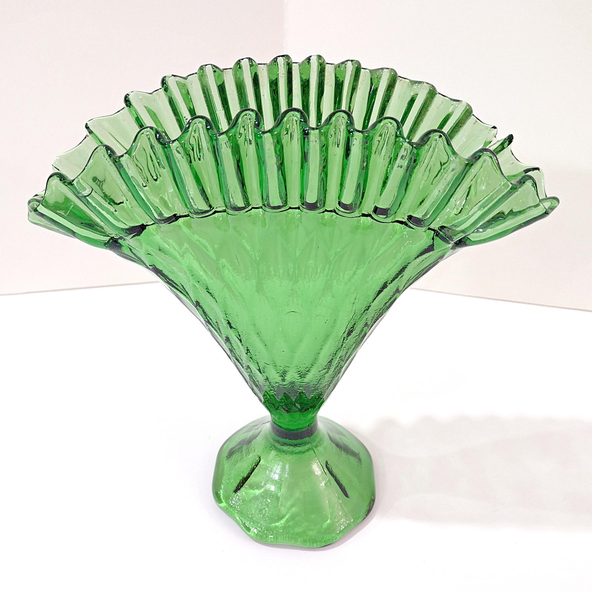 Vintage Green Glass Ruffled Diamond Point Fan Vase, Made in Italy
