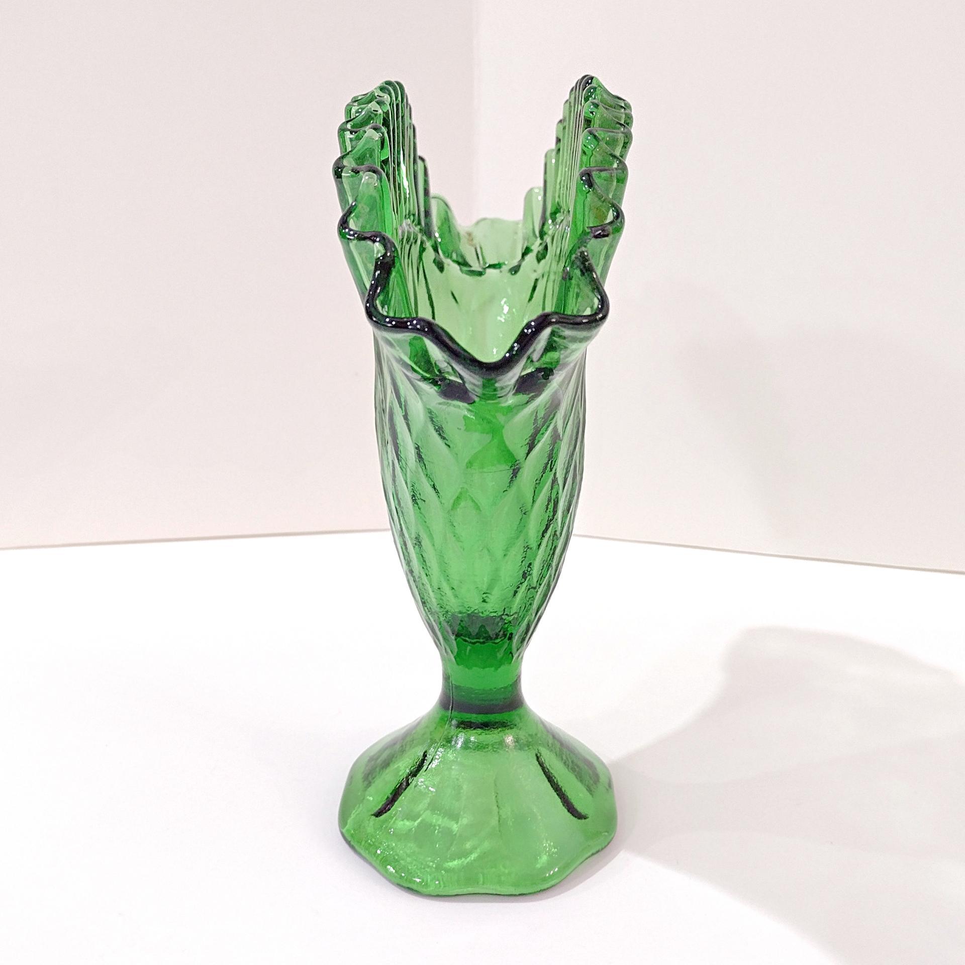 Vintage Green Glass Ruffled Diamond Point Fan Vase, Made in Italy