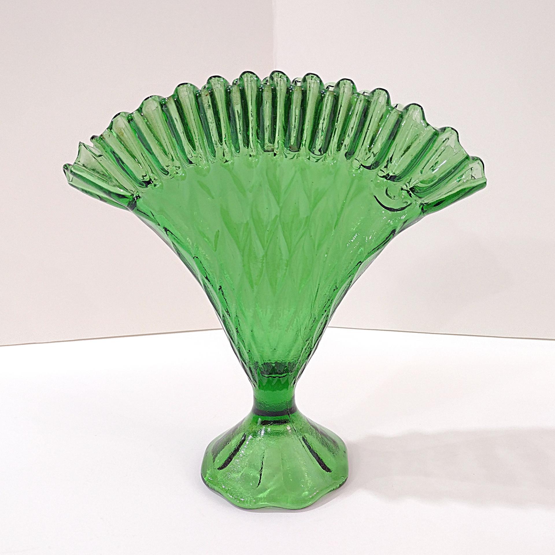 Vintage Green Glass Ruffled Diamond Point Fan Vase, Made in Italy