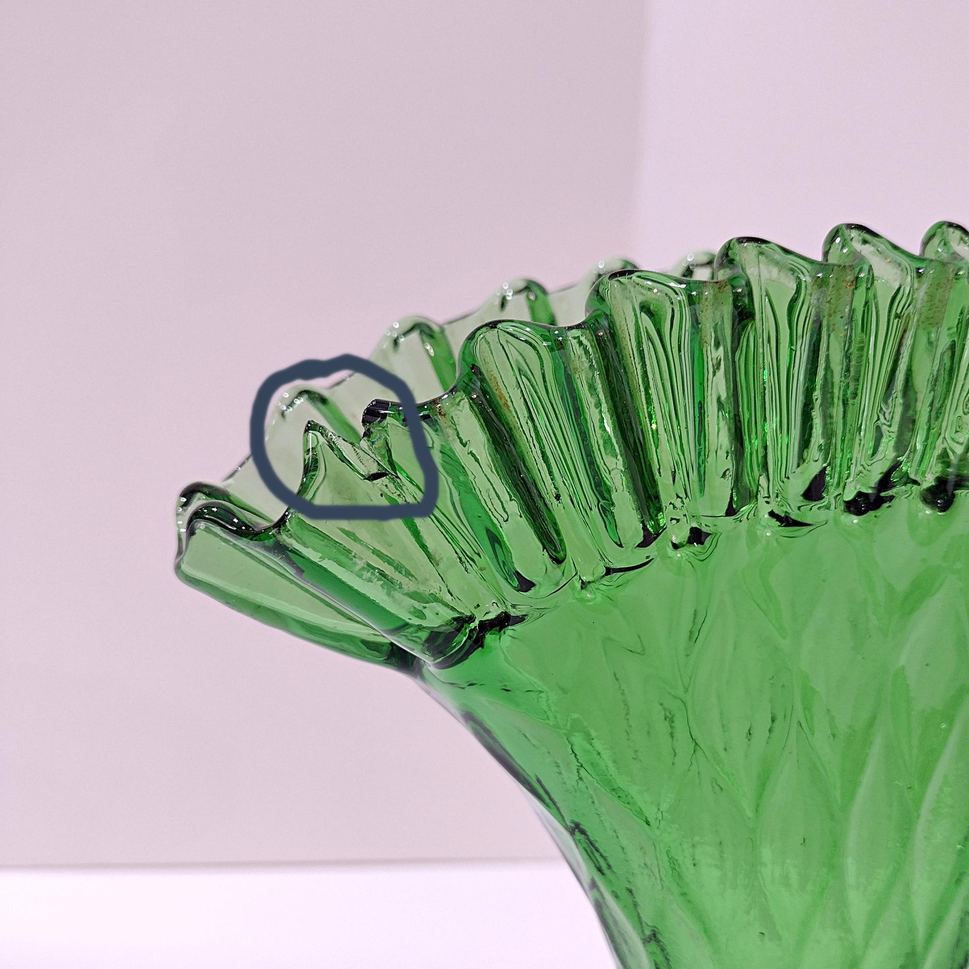 Vintage Green Glass Ruffled Diamond Point Fan Vase, Made in Italy