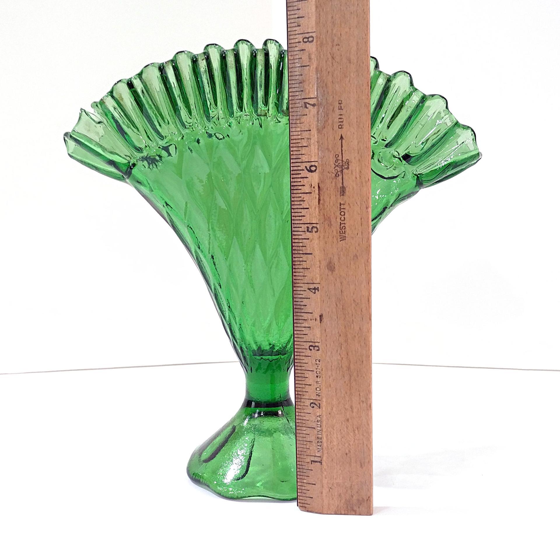 Vintage Green Glass Ruffled Diamond Point Fan Vase, Made in Italy