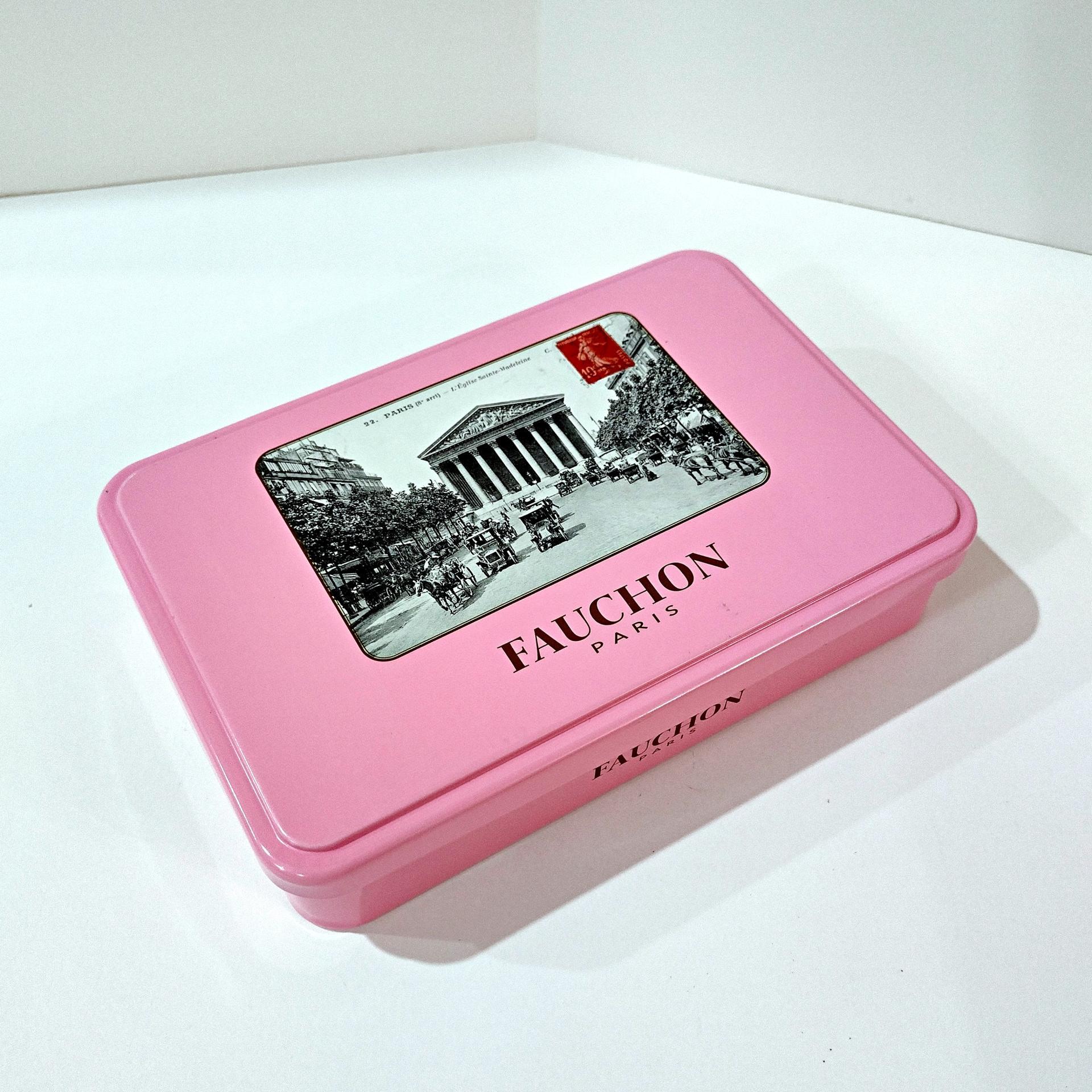 Vintage Fauchon Paris Pink Hinged Lid Storage Tin Box