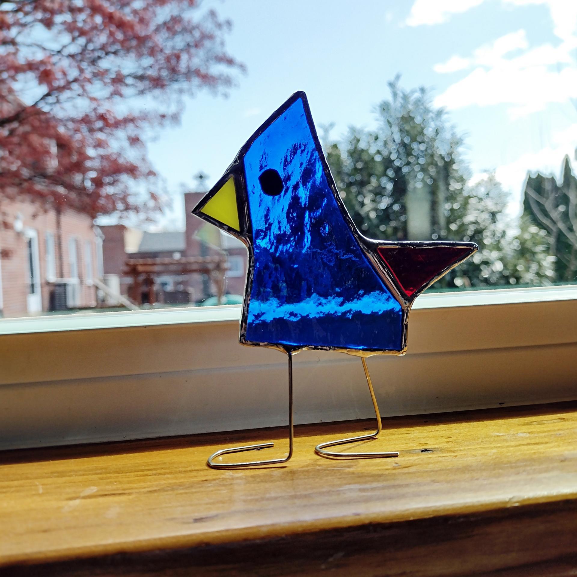 Stained Glass Standing Bird, Funky Glass Blue Bird Suncatcher
