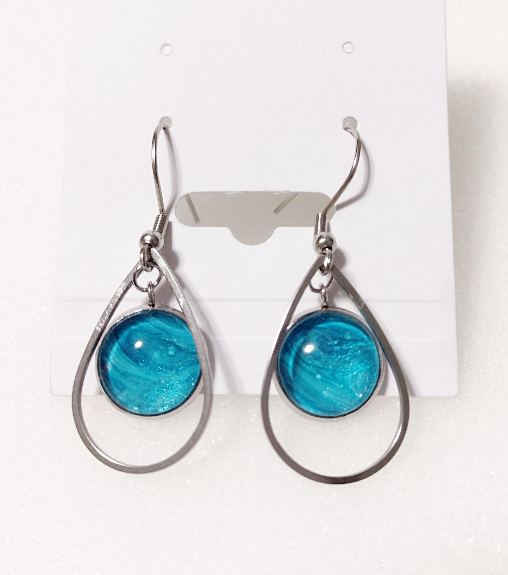Painted Earrings, Aqua Blue Swirl Teardrops