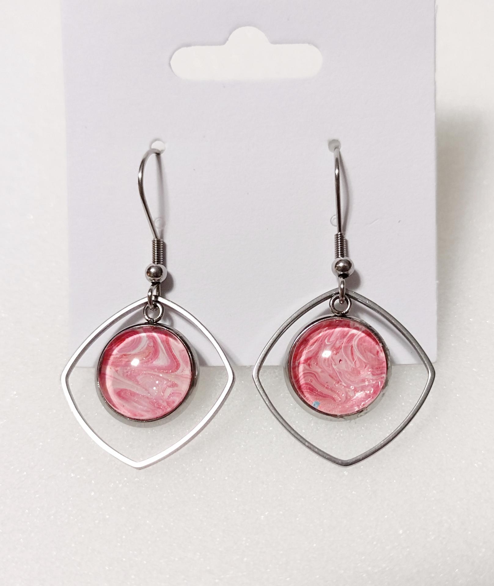 Painted Earrings, Coral Pink Swirl Squares