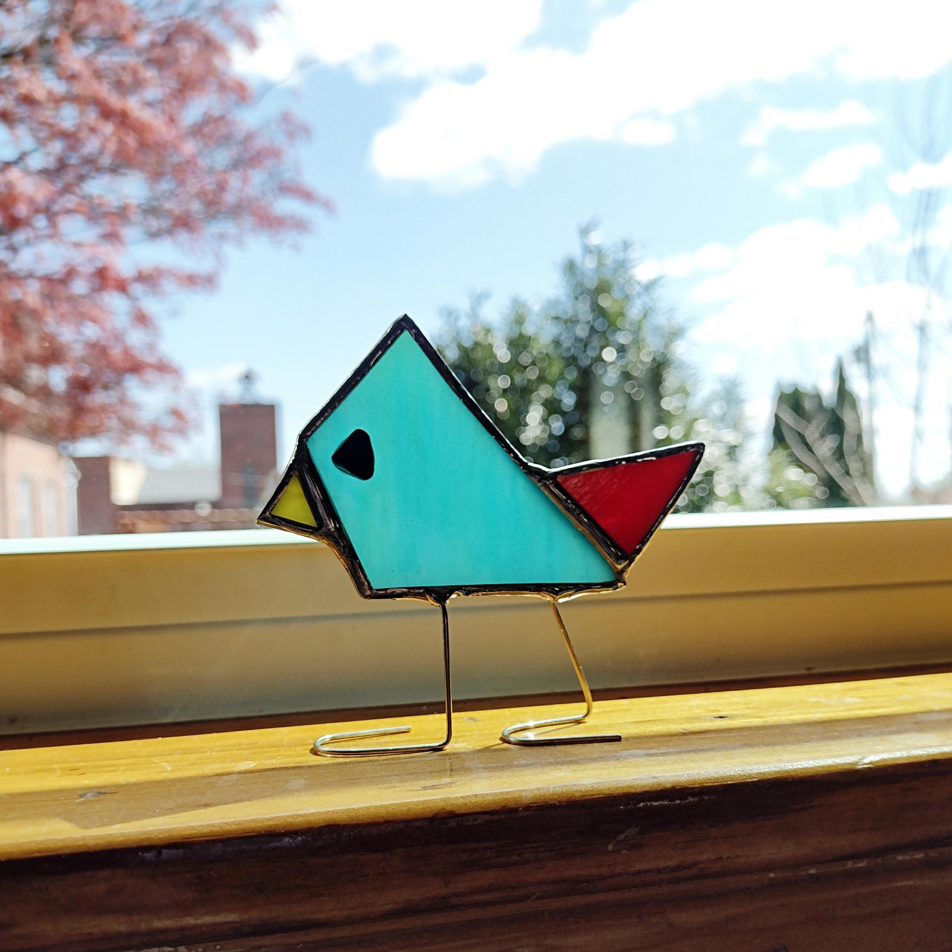 Stained Glass Standing Bird, Funky Turquoise Blue Bird Glass Suncatcher