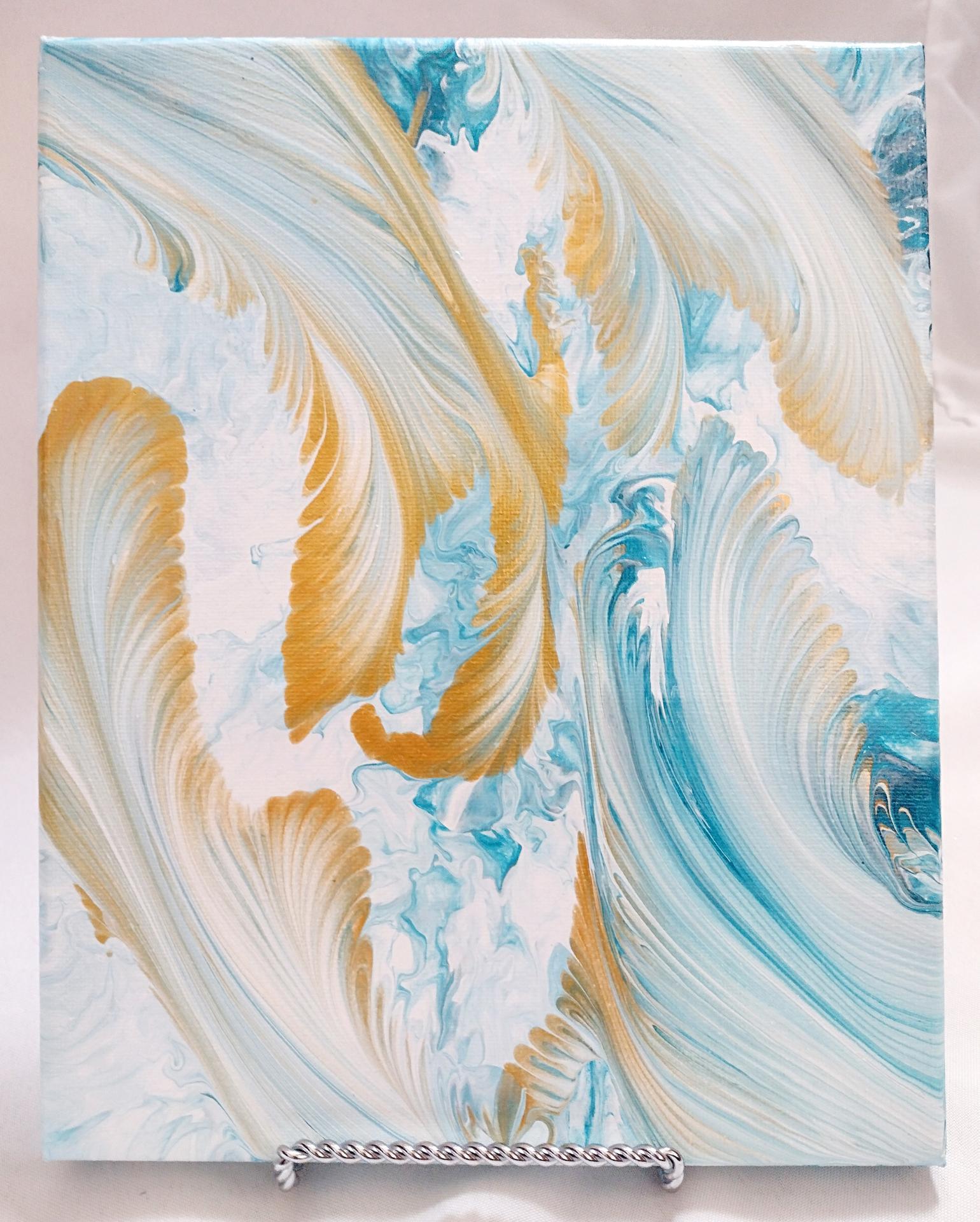 Blue and Gold Feathers Abstract Original Acrylic Pour Painting, 8" x 10", Fluid Art Painting
