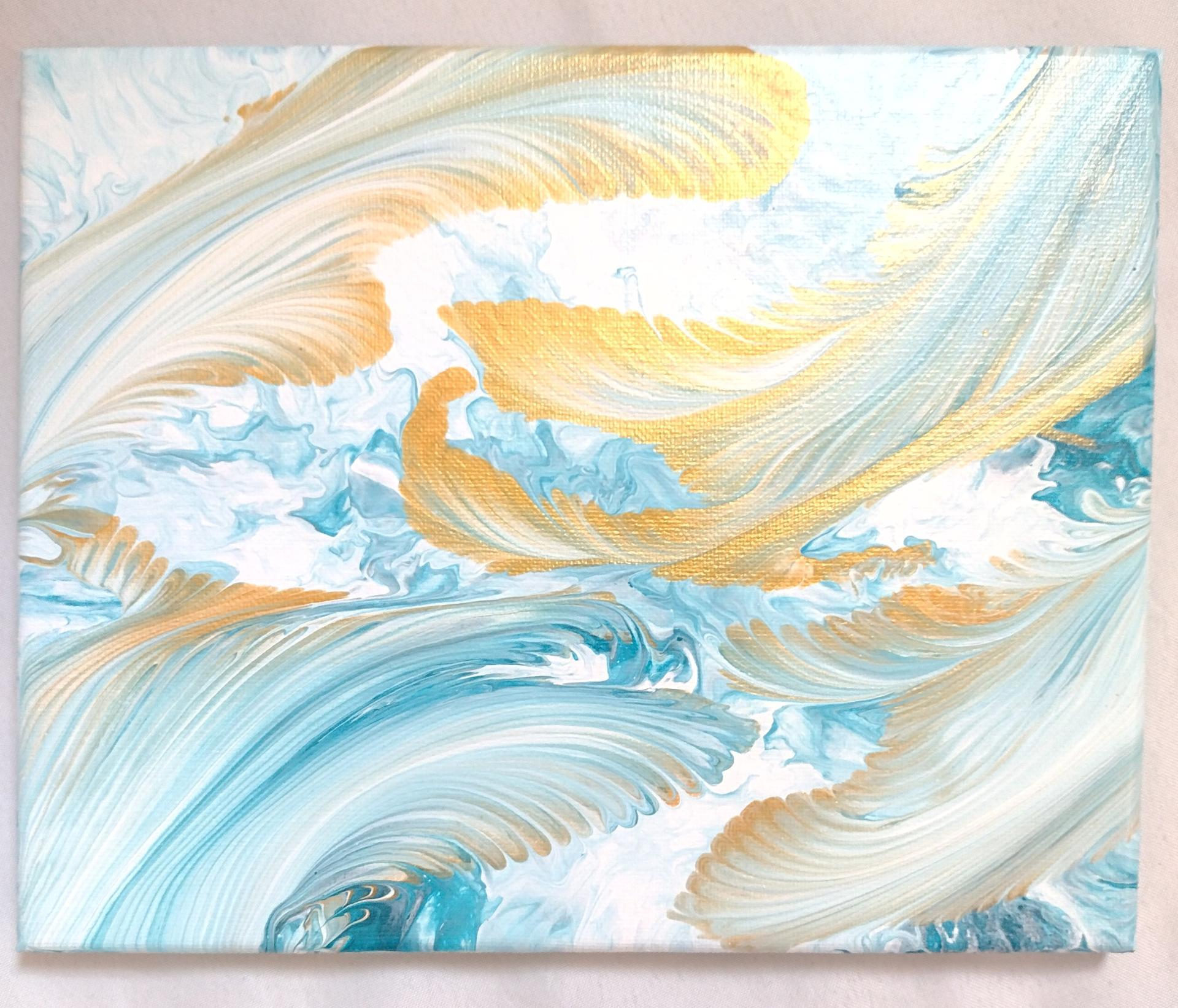Blue and Gold Feathers Abstract Original Acrylic Pour Painting, 8" x 10", Fluid Art Painting