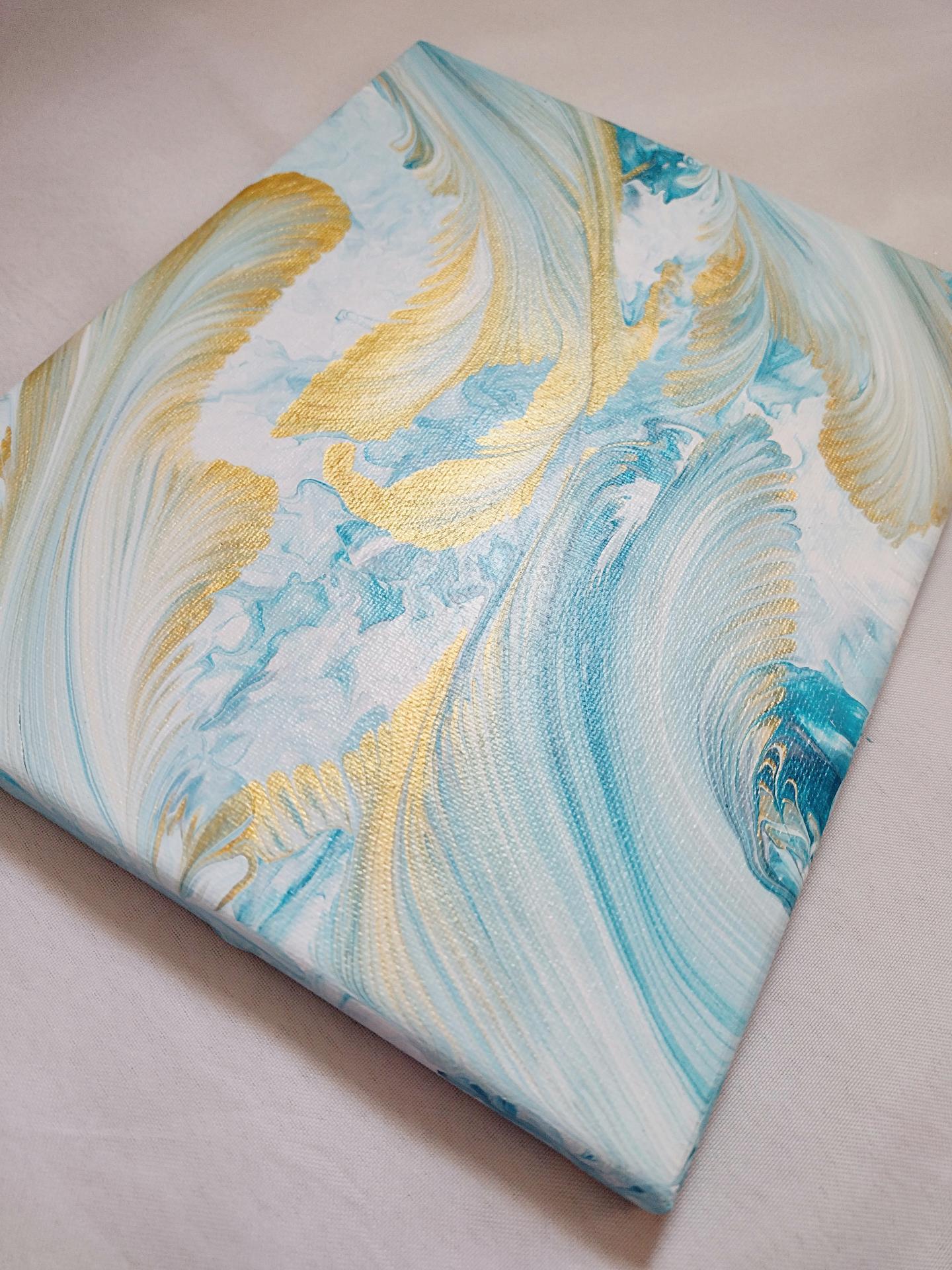 Blue and Gold Feathers Abstract Original Acrylic Pour Painting, 8" x 10", Fluid Art Painting