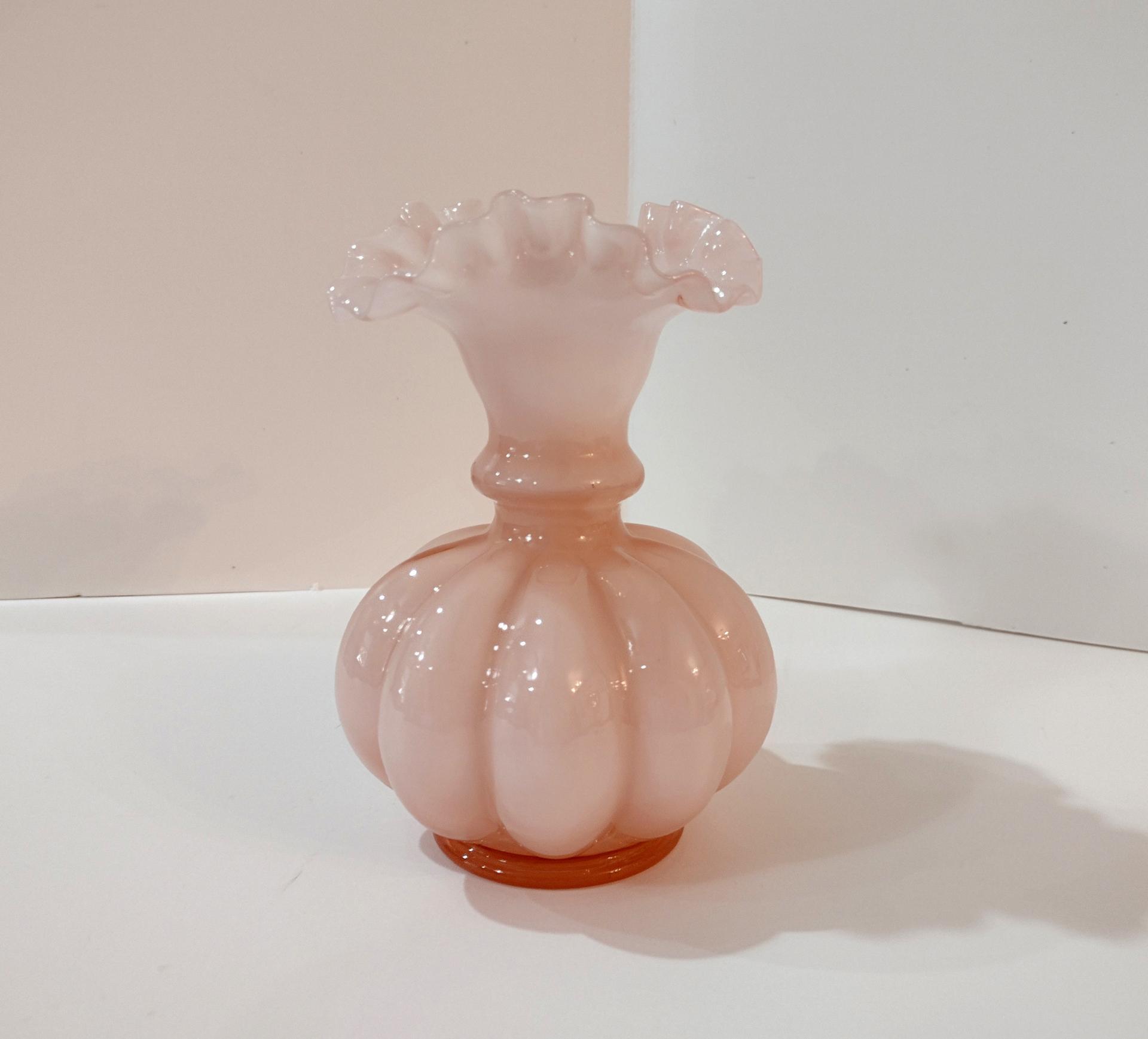 Vintage Fenton Pink Melon Vase with Ruffled Edges, Fenton Dusty Rose Overlay Vase