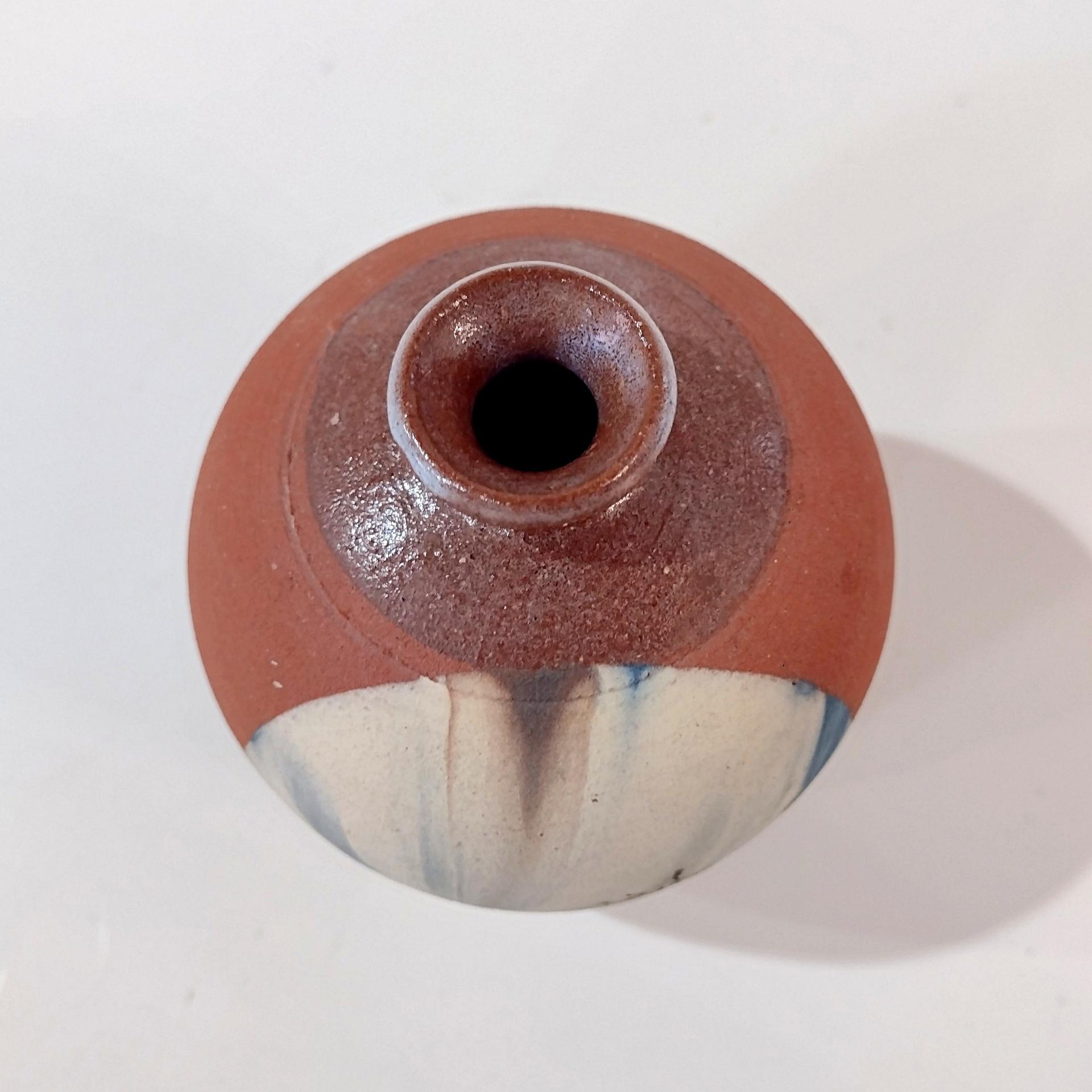 Vintage Small Terra Cotta Bud Vase with Blue and White Fern Plant Design, Hand Crafted Studio Pottery