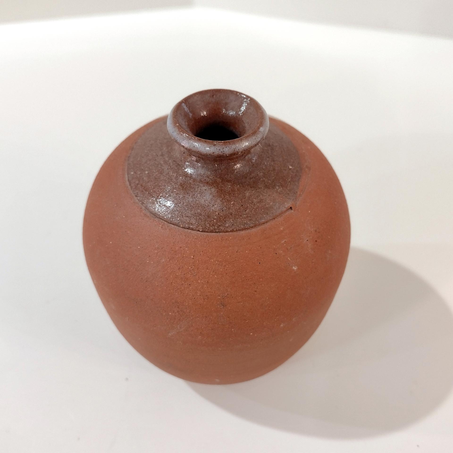 Vintage Small Terra Cotta Bud Vase with Blue and White Fern Plant Design, Hand Crafted Studio Pottery