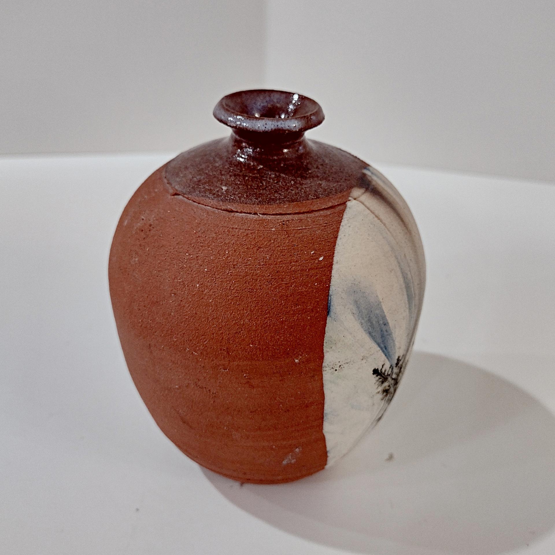 Vintage Small Terra Cotta Bud Vase with Blue and White Fern Plant Design, Hand Crafted Studio Pottery