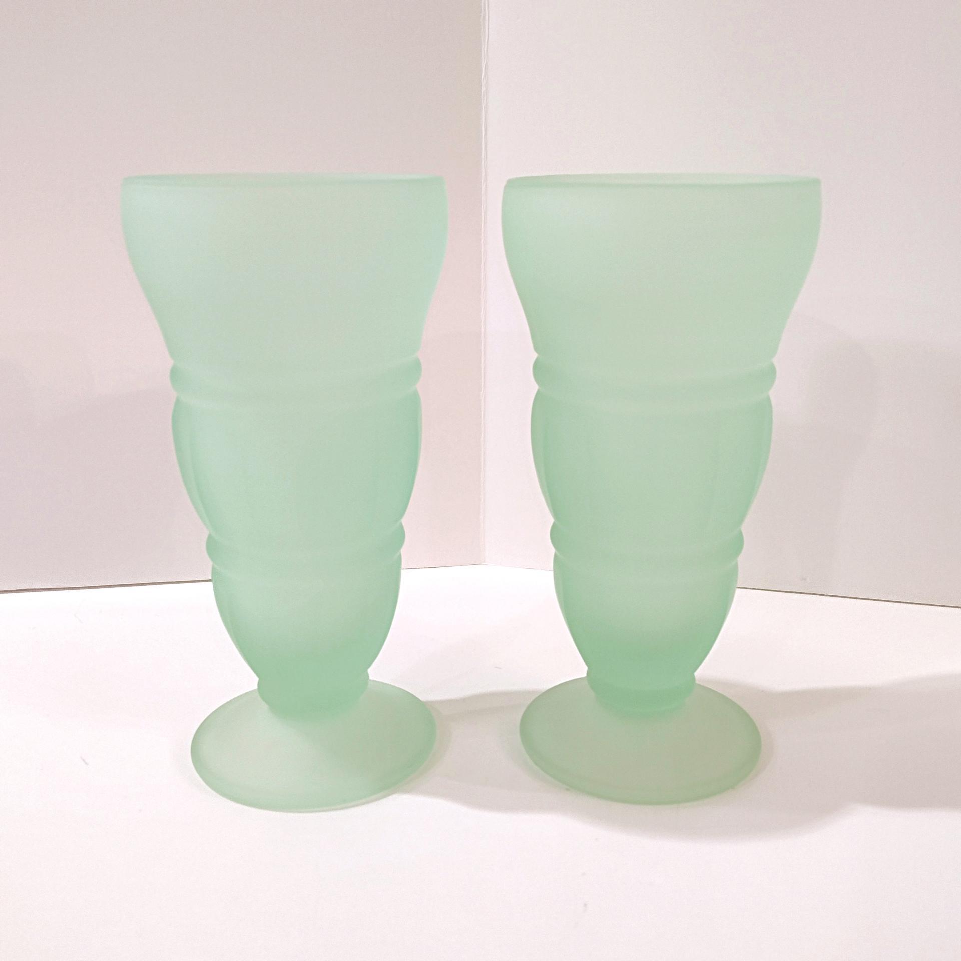 Vintage Indiana Glass Frosted Green Soda Fountain Glasses: Retro Milkshake Sundae Set of Two