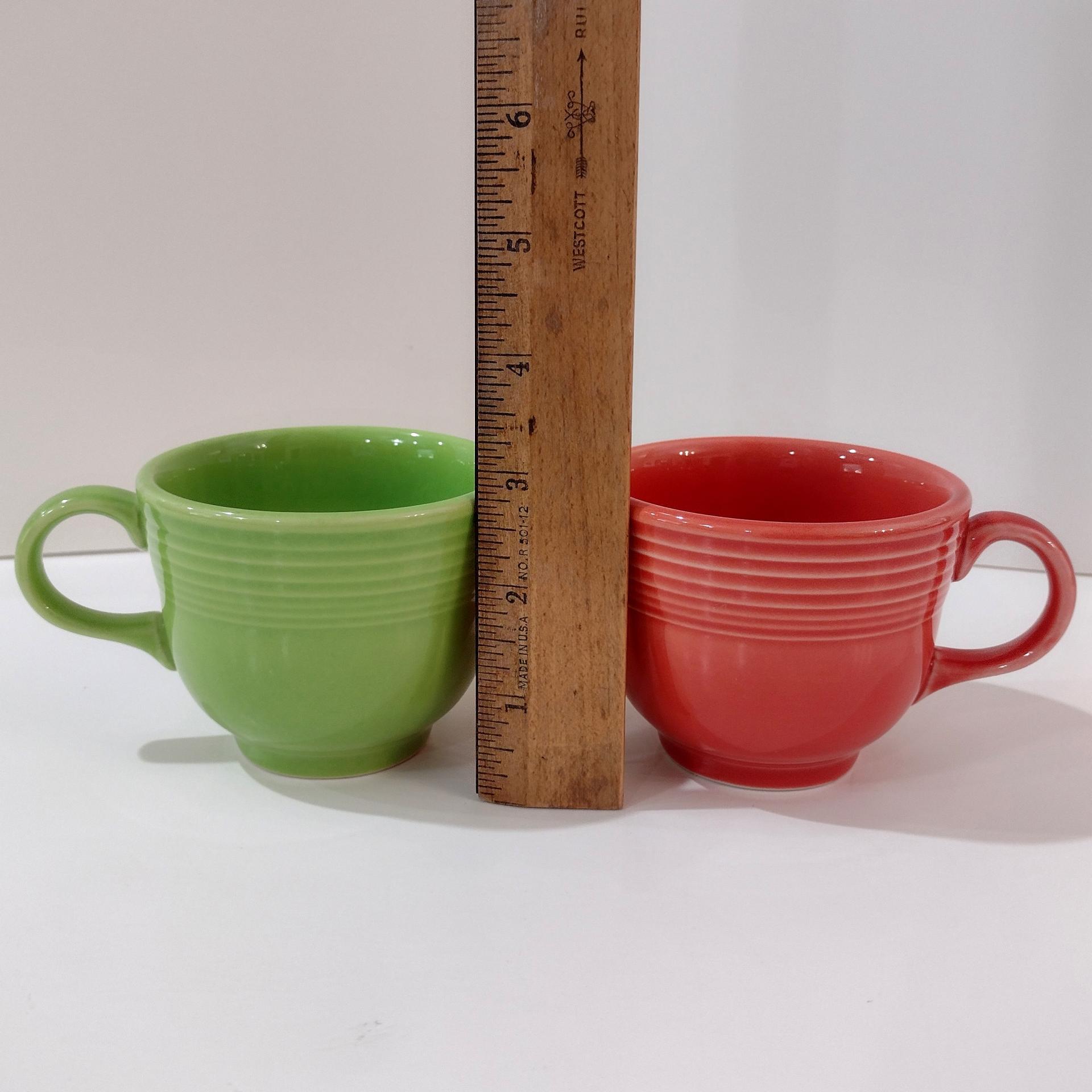 Vintage Fiestaware Classic Tea Cups, Set of Two, Flamingo and Chartreuse Fiestaware Ceramic Cups