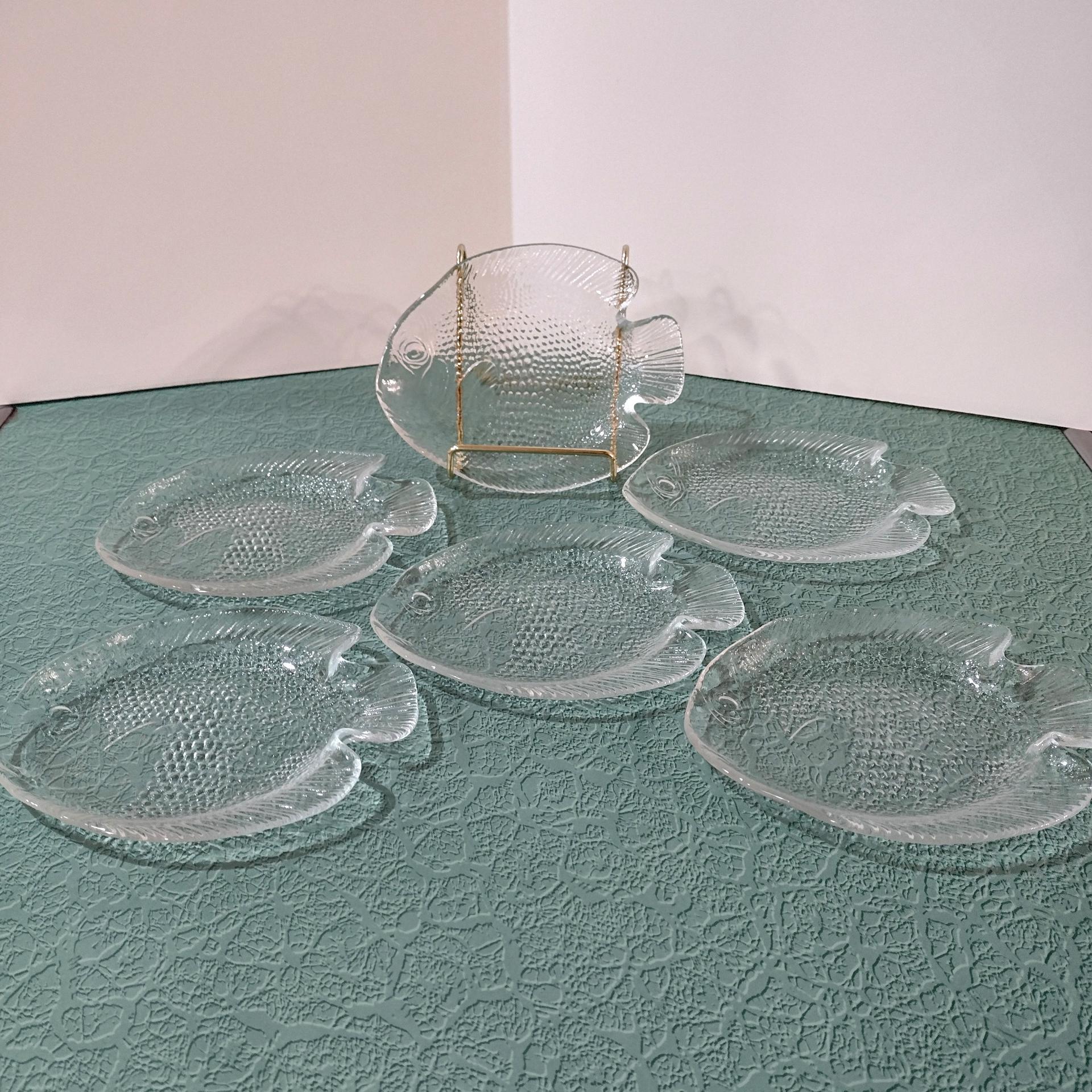 Vintage Arcoroc Poisson Clear Fish Shaped Bread and Butter Plates, Appetizer Plates, Set of 6