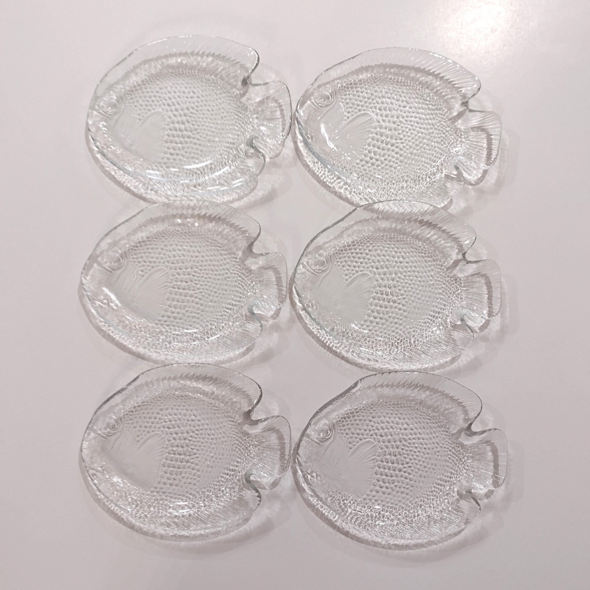 Vintage Arcoroc Poisson Clear Fish Shaped Bread and Butter Plates, Appetizer Plates, Set of 6