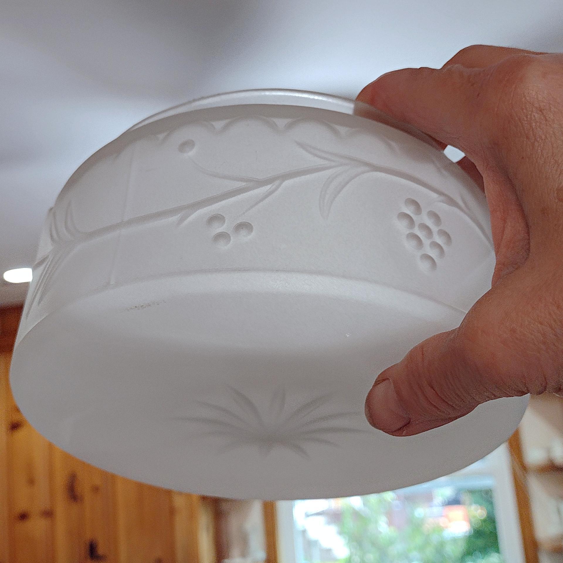 Vintage Milk Glass Shallow Drum Ceiling Light Cover with Raised Floral Design