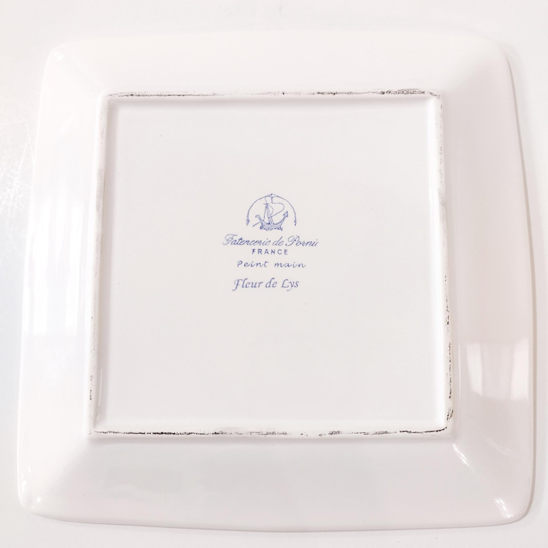 Vintage Fleur de Lis 8 Inch Square Plate, Faiencerie de Pornic Fleur de Lys Plate