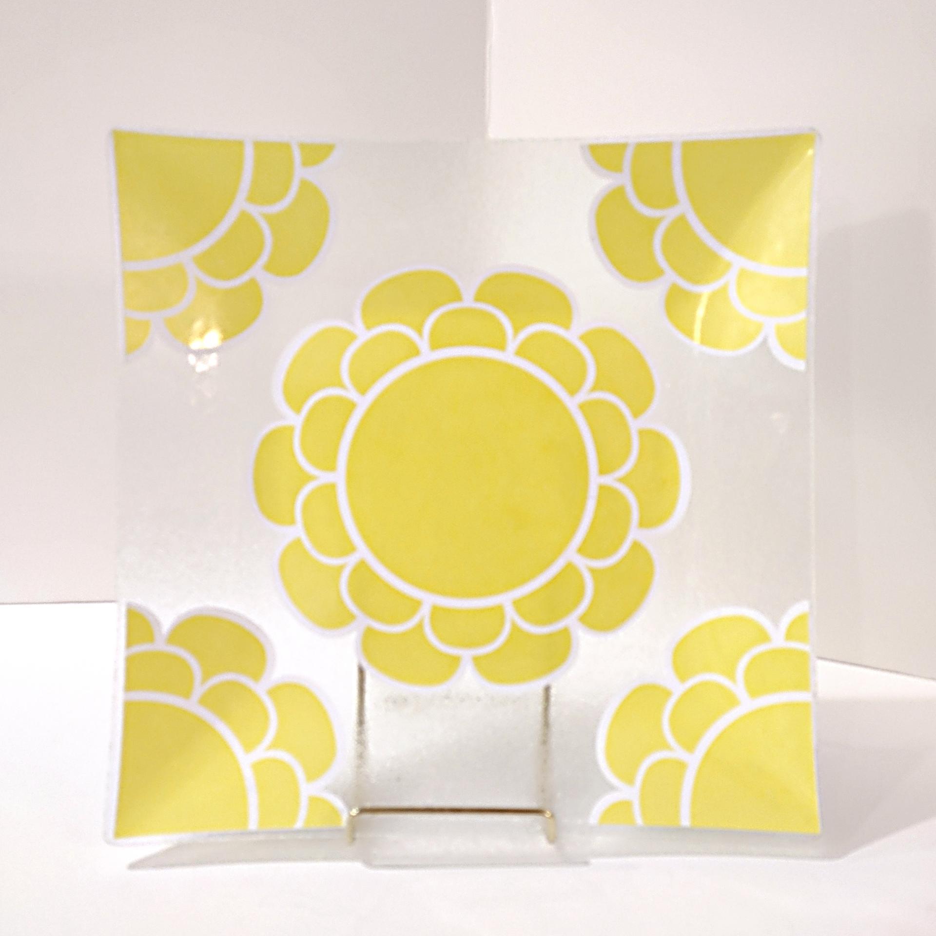 Vintage Colony Indiana Glass Yellow Flower Square Glass Platter, MCM 1960's Servingware