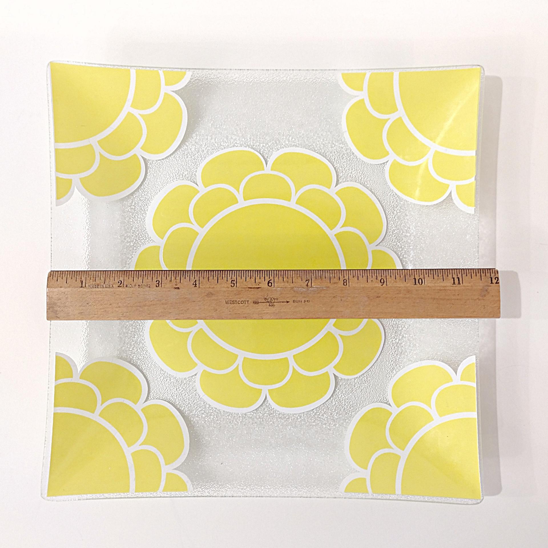 Vintage Colony Indiana Glass Yellow Flower Square Glass Platter, MCM 1960's Servingware
