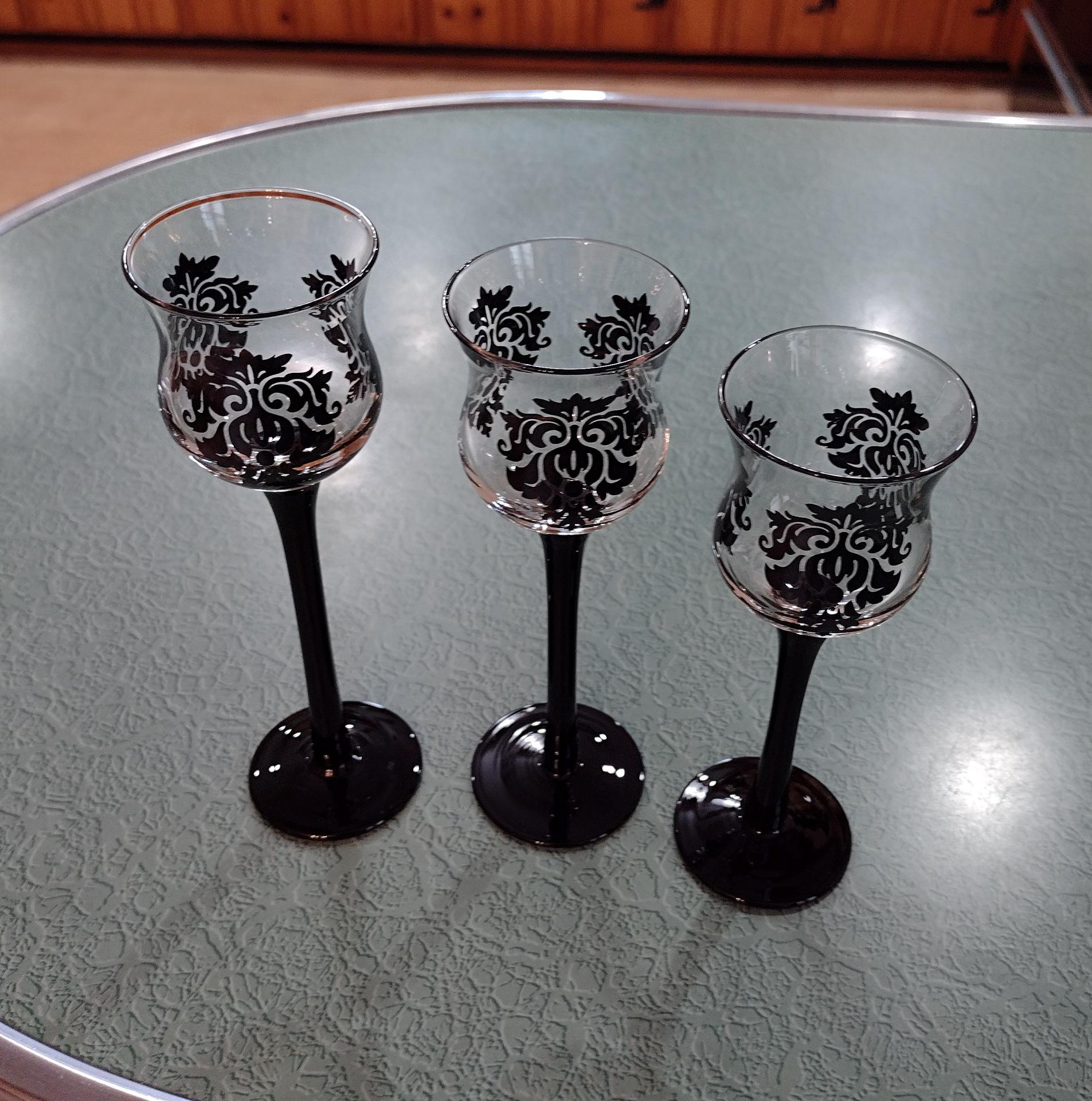 Partylite Forbidden Trio P91307 Stemmed Black Damask Votive Candle Holders, Set of Three, Discontinued Partylite Pattern