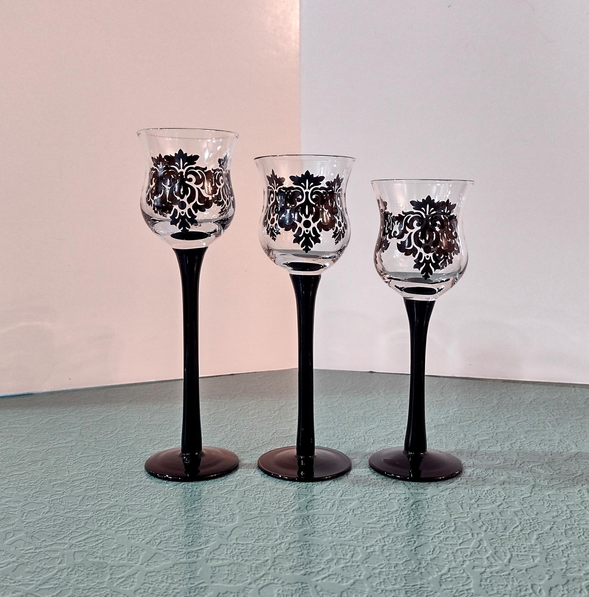 Partylite Forbidden Trio P91307 Stemmed Black Damask Votive Candle Holders, Set of Three, Discontinued Partylite Pattern