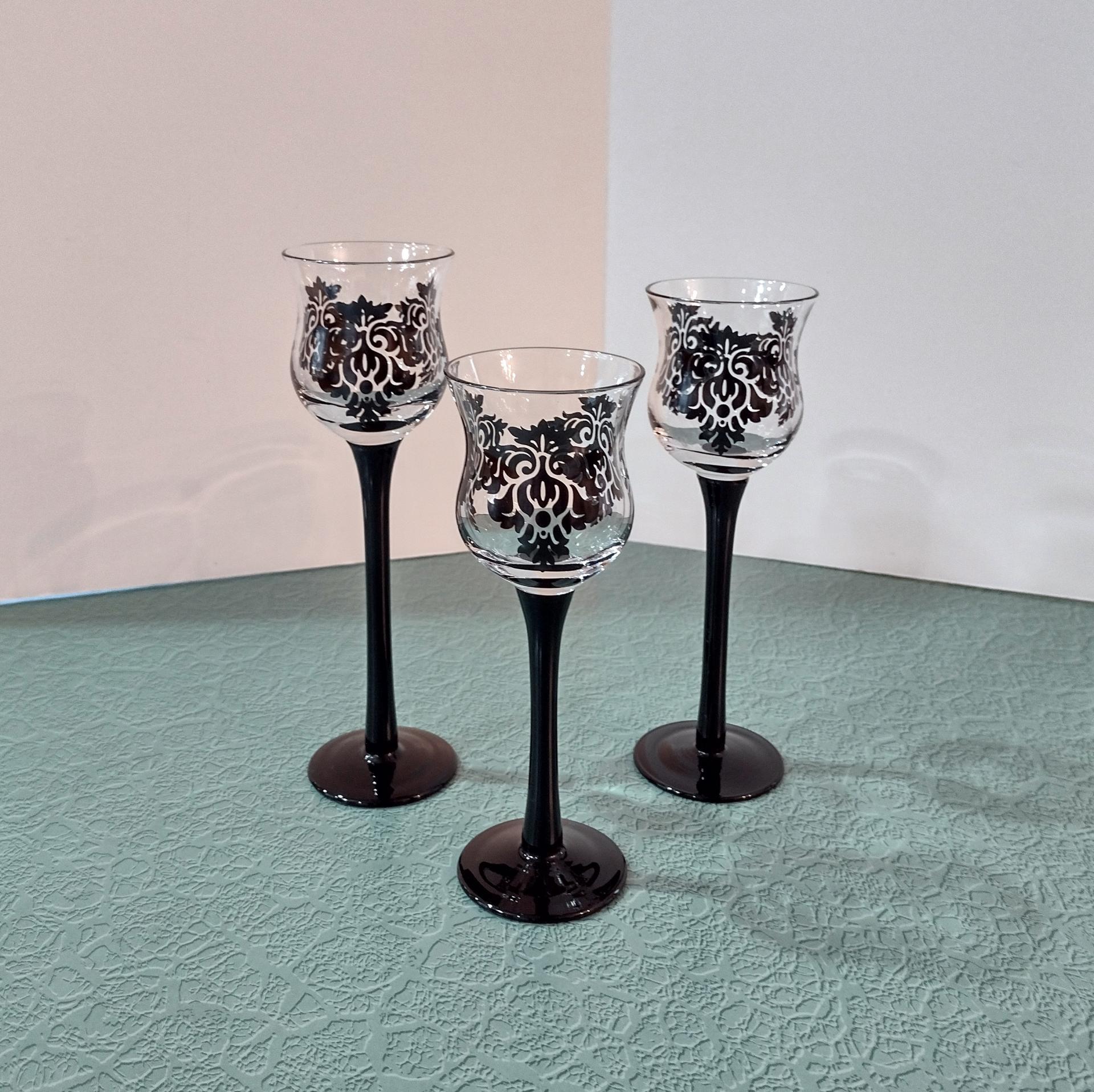 Partylite Forbidden Trio P91307 Stemmed Black Damask Votive Candle Holders, Set of Three, Discontinued Partylite Pattern