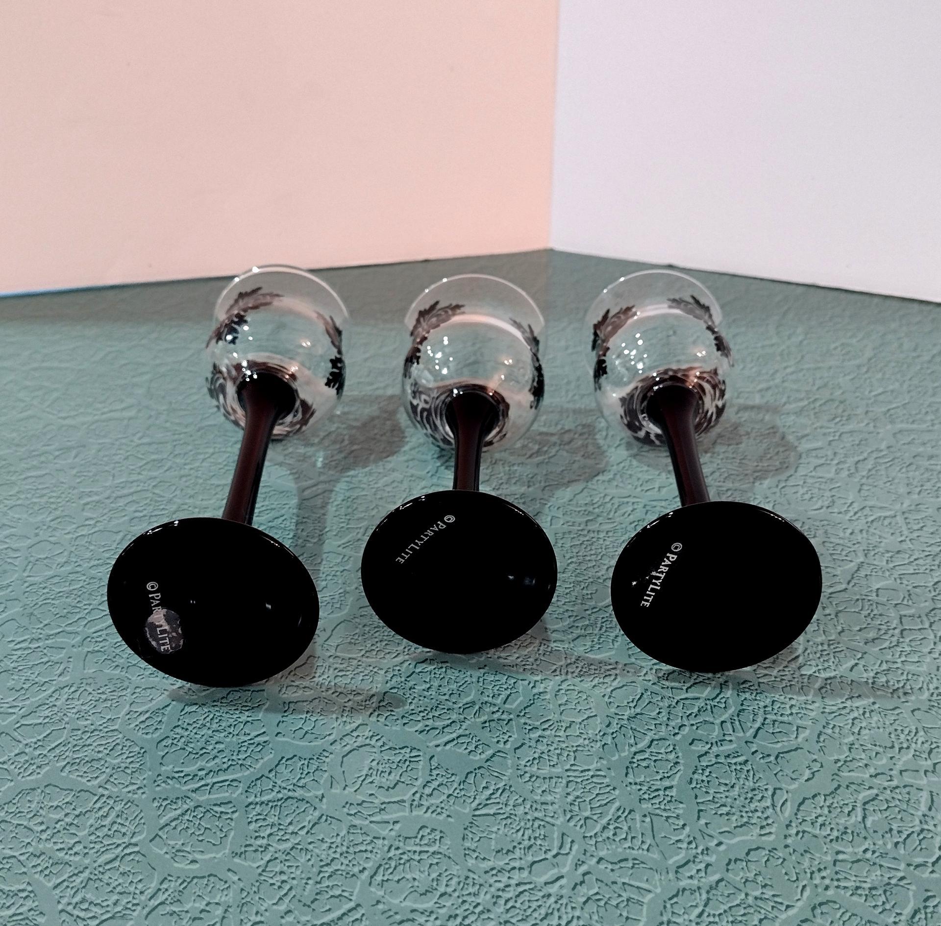 Partylite Forbidden Trio P91307 Stemmed Black Damask Votive Candle Holders, Set of Three, Discontinued Partylite Pattern