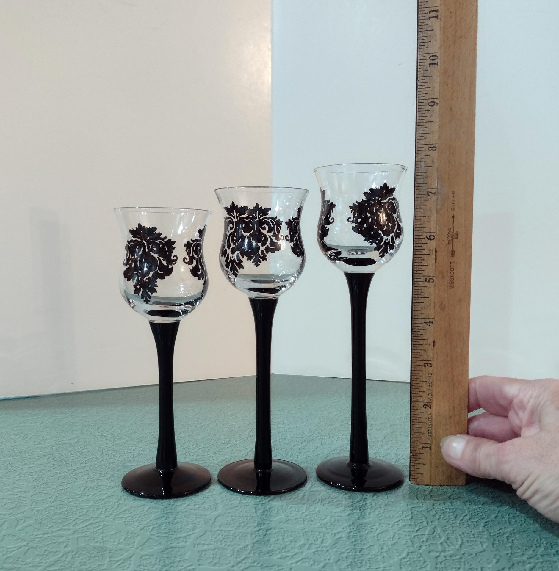 Partylite Forbidden Trio P91307 Stemmed Black Damask Votive Candle Holders, Set of Three, Discontinued Partylite Pattern
