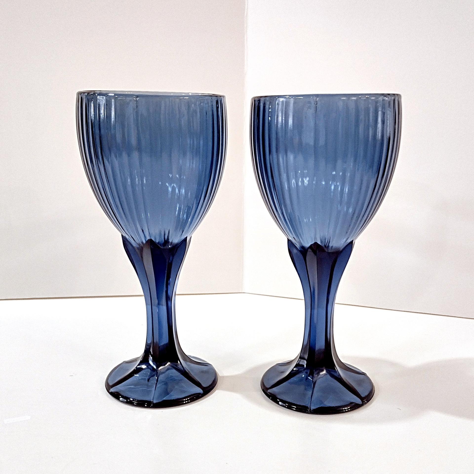 Vintage Fostoria Monet Dark Blue Wine Glasses, Set of Two
