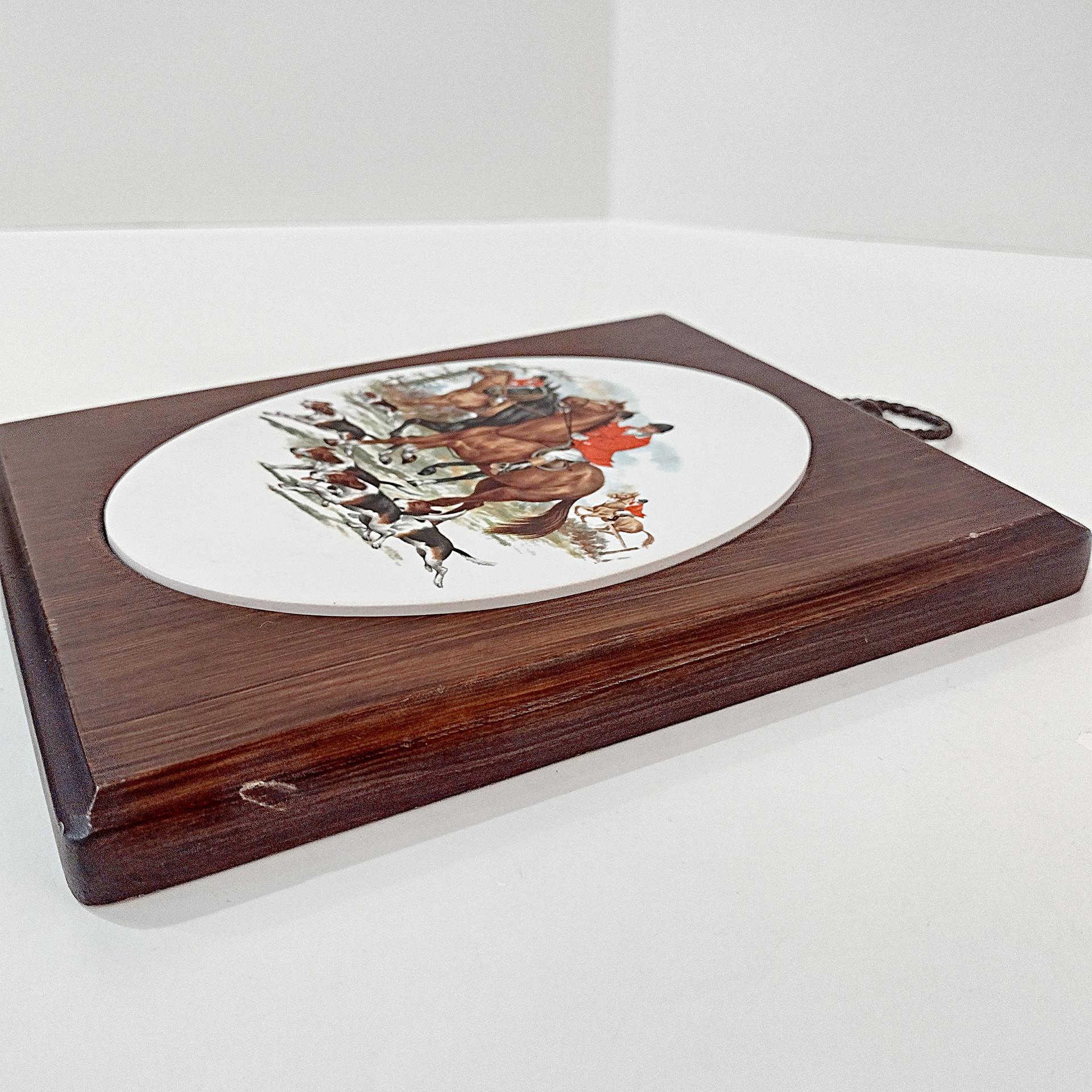 Vintage Horses and Hounds Fox Hunt Ceramic and Wood Plaques, Set of 2, 1970's Retro Wall Hanging Decor