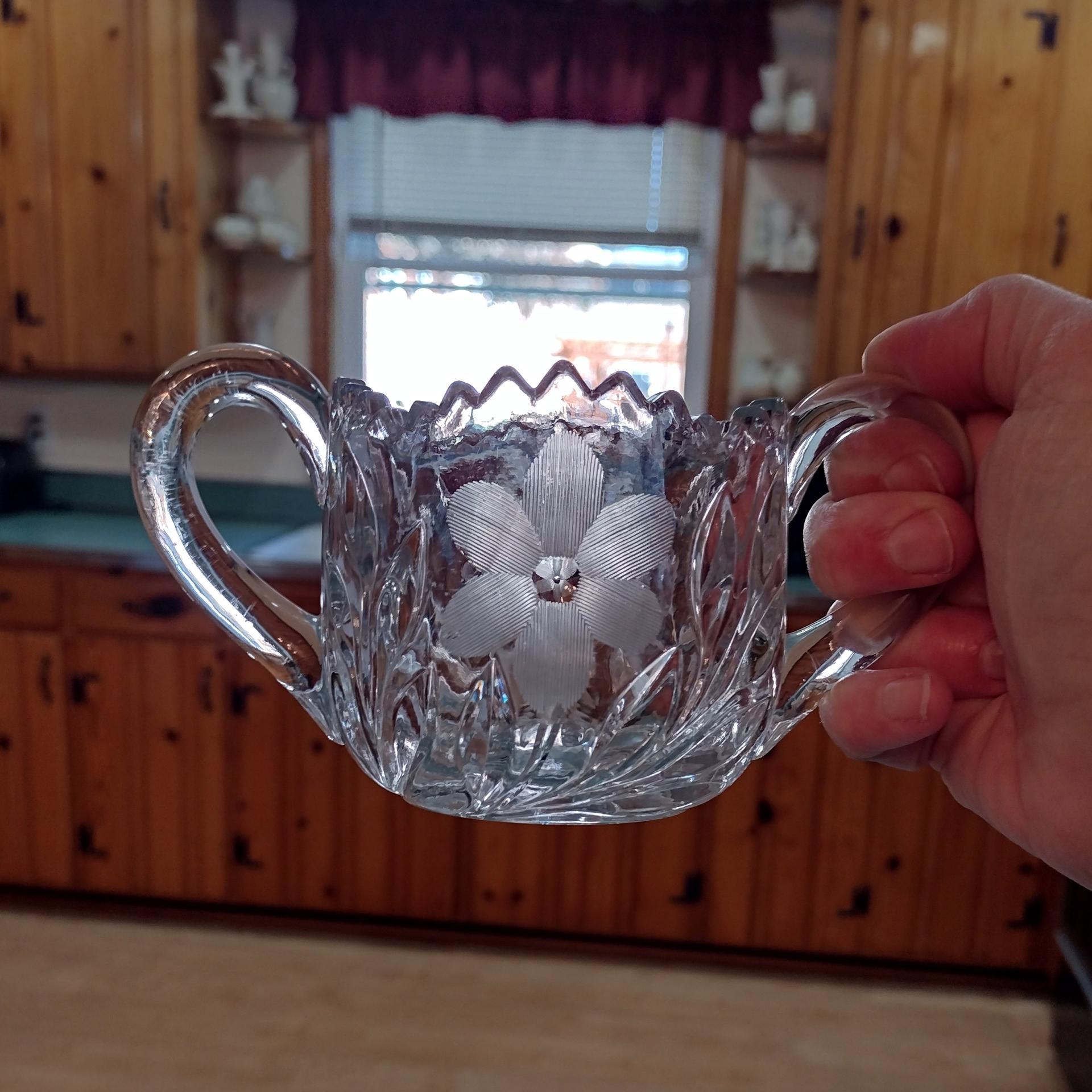 Vintage EAPG Etched Floral Design Open Sugar Bowl And Creamer Set