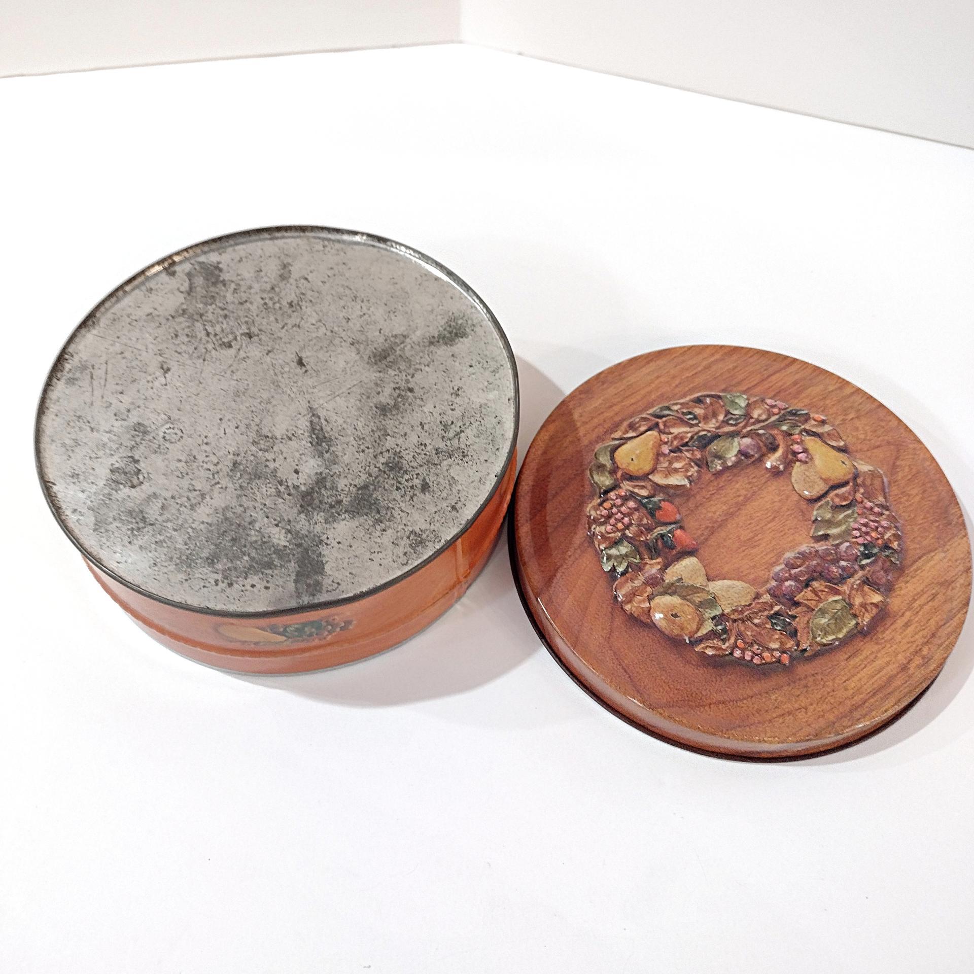 Vintage Faux Wood Grain and Pears Fruit Ring Round Tin, MCM Fall Kitchen Storage Tin, Retro Trinket Sewing Notion Gift Tin Box