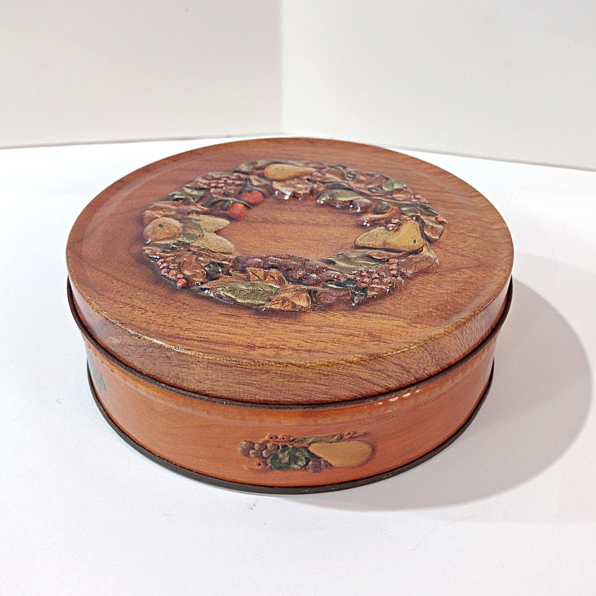 Vintage Faux Wood Grain and Pears Fruit Ring Round Tin, MCM Fall Kitchen Storage Tin, Retro Trinket Sewing Notion Gift Tin Box