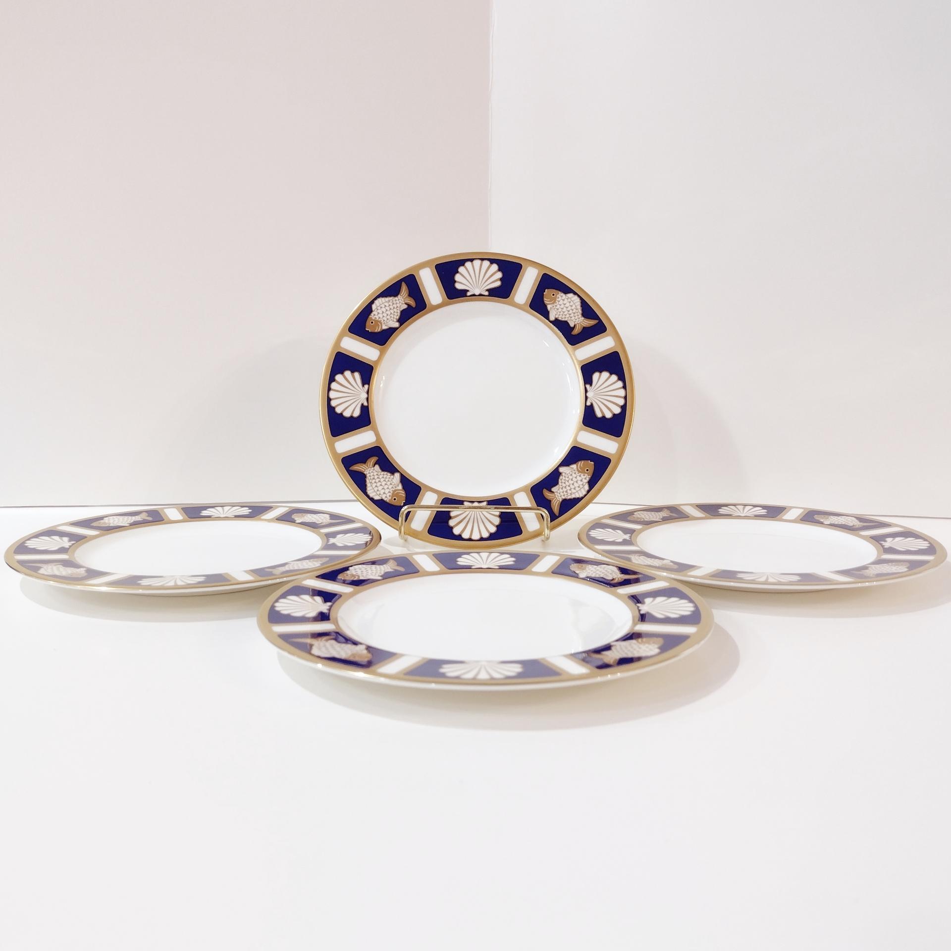 Vintage Mikasa Fish and Shell Cobalt Blue Salad Dessert Bone China Plates, Cathy Hardwick Nautical Beachy Appetizer Plates, Set of Four