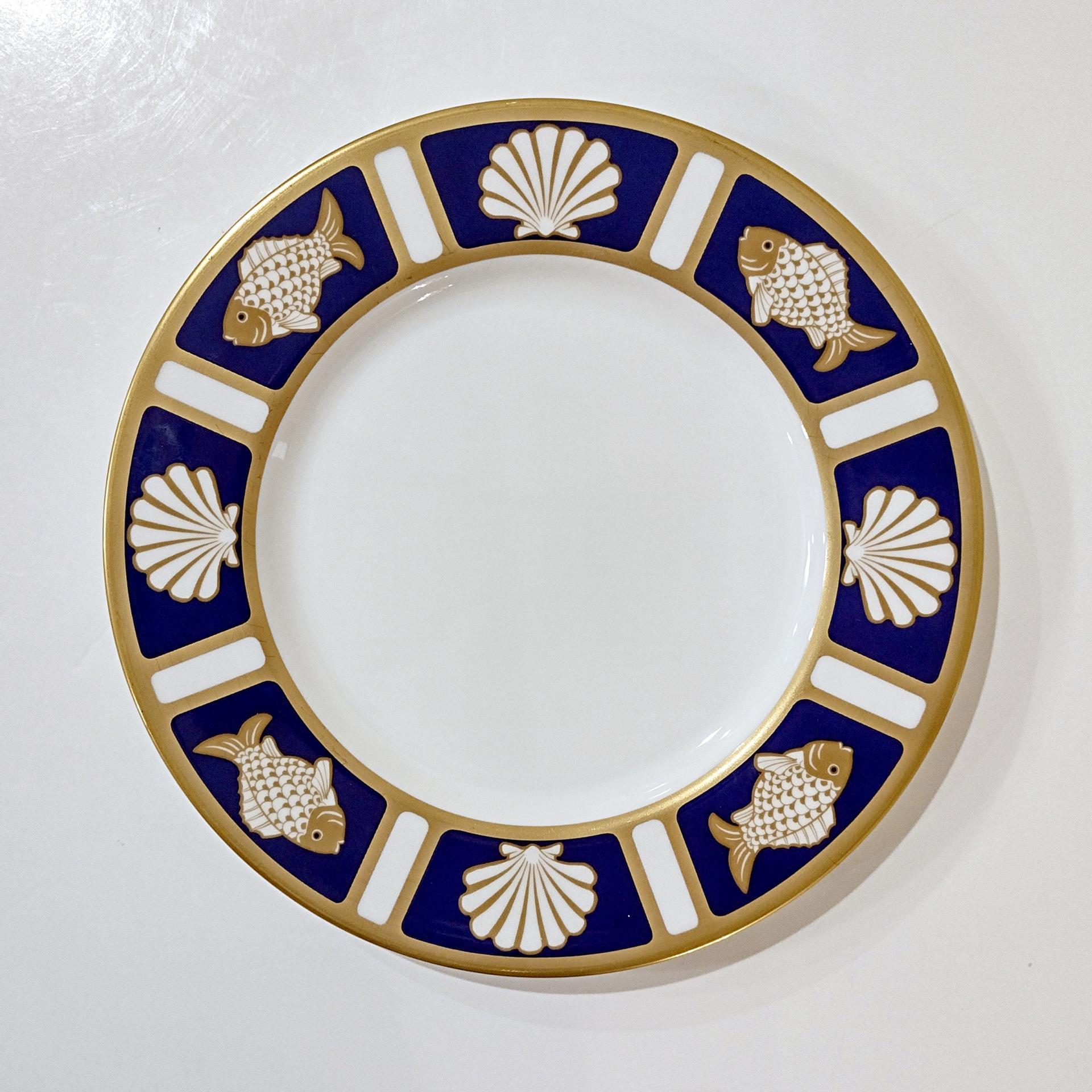 Vintage Mikasa Fish and Shell Cobalt Blue Salad Dessert Bone China Plates, Cathy Hardwick Nautical Beachy Appetizer Plates, Set of Four
