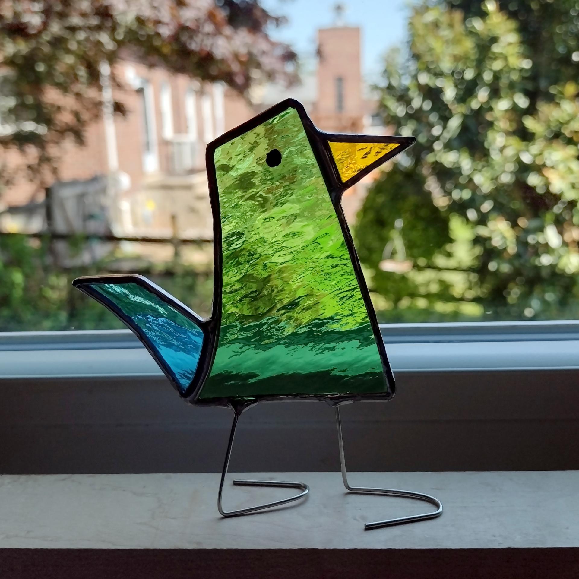 Stained Glass Standing Bird, Funky Green Glass Bird Suncatcher, Bird Lover Gift