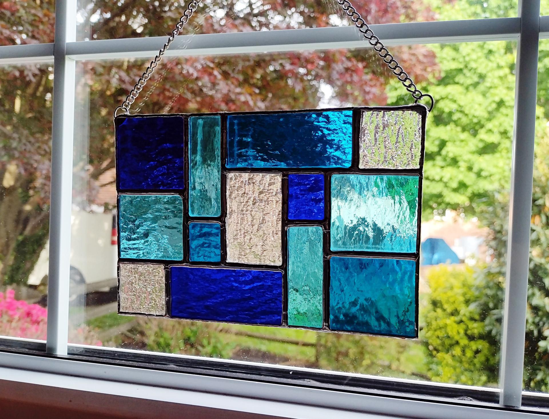 Geometric Mondrian Style Suncatcher, Blue and Clear