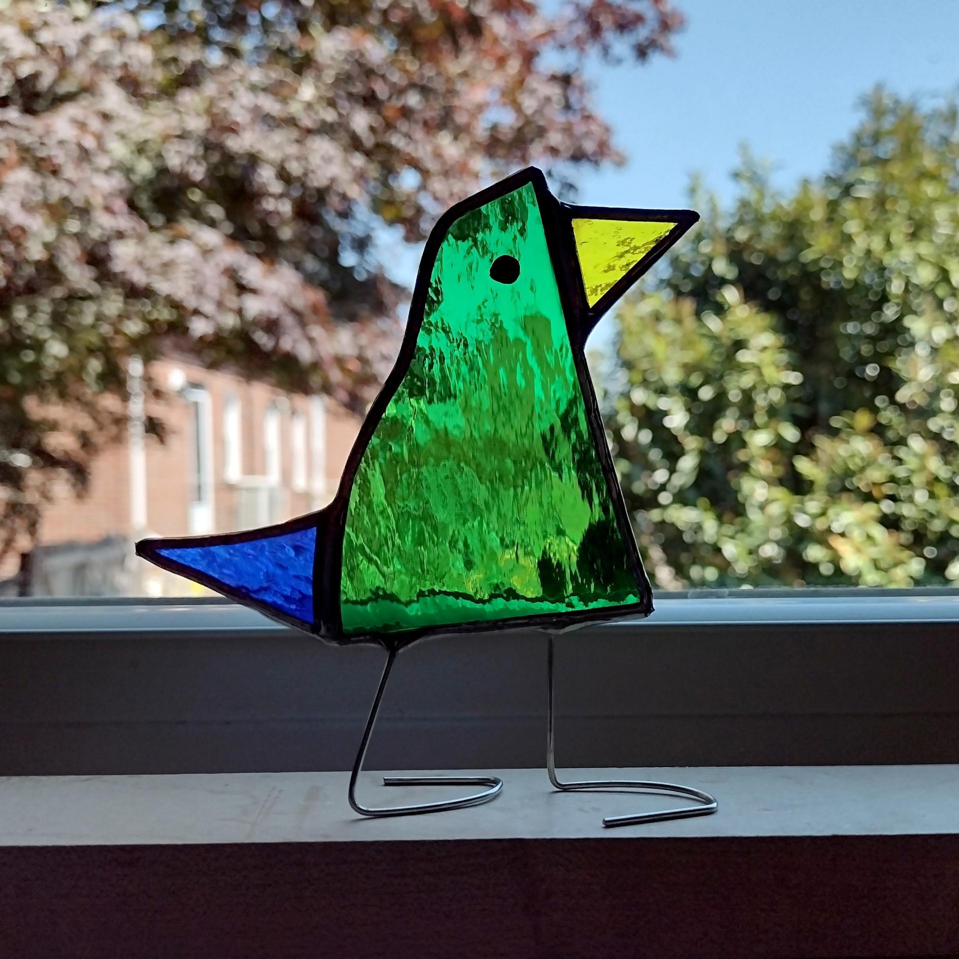 Stained Glass Standing Bird, Funky Green Glass Bird Suncatcher, Bird Lover Gift
