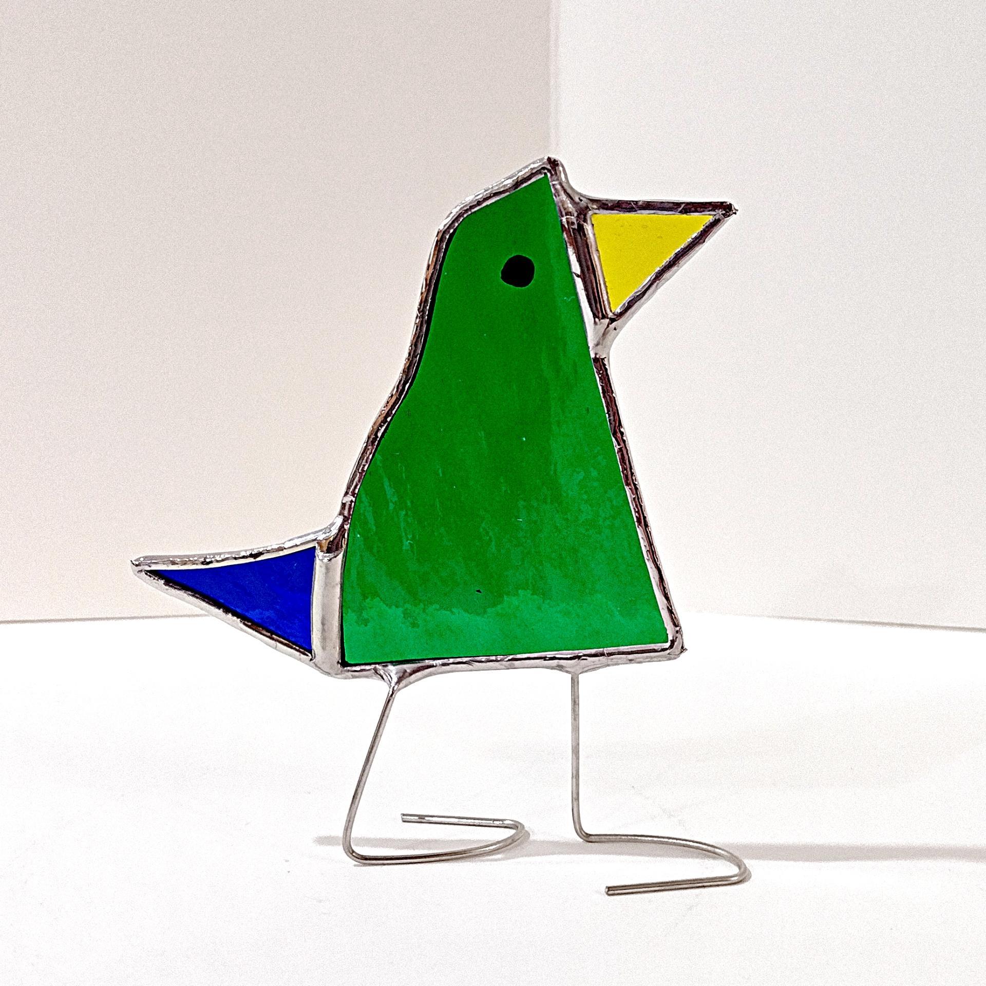 Stained Glass Standing Bird, Funky Green Glass Bird Suncatcher, Bird Lover Gift