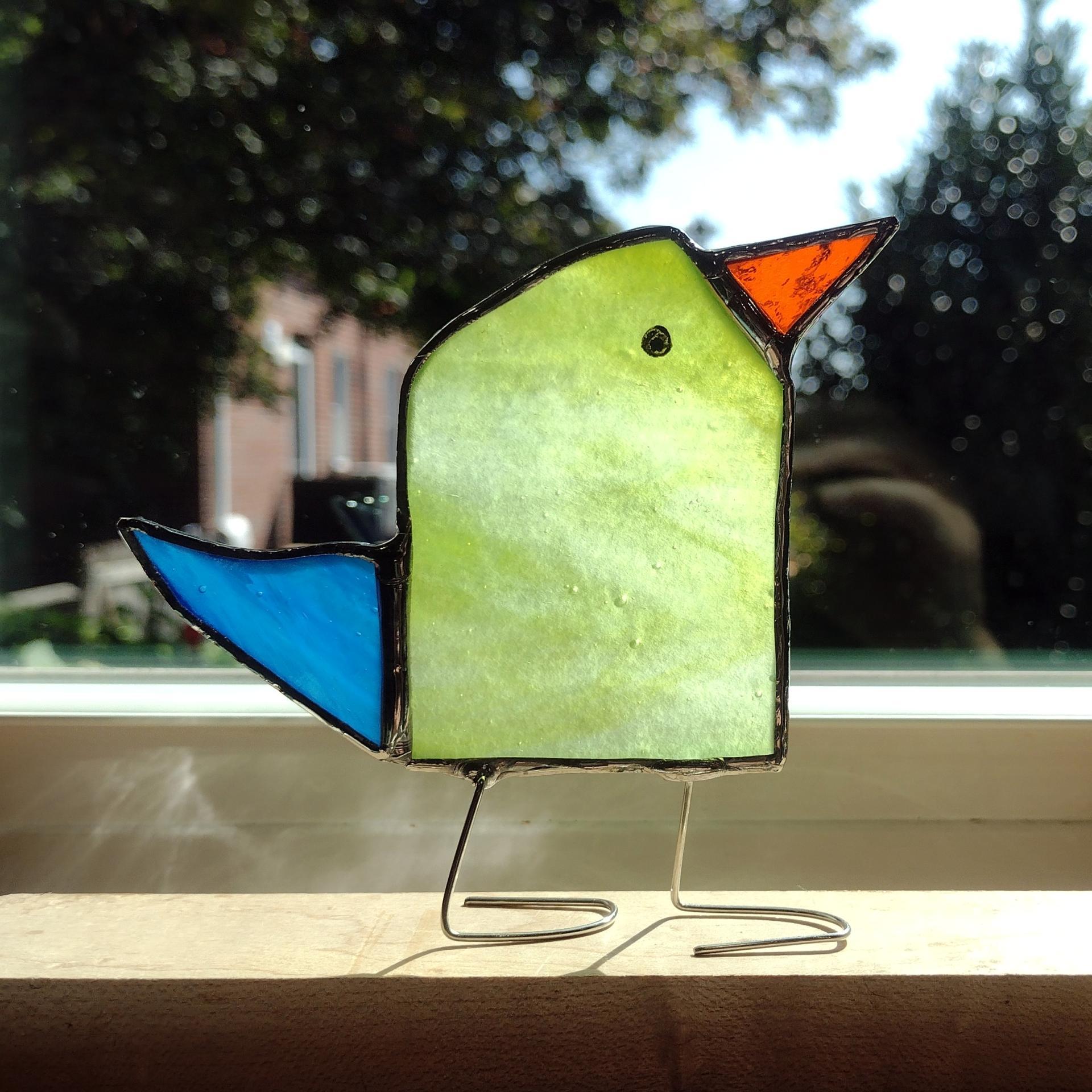 Stained Glass Standing Bird, Funky Green and Blue Glass Bird Suncatcher, Bird Lover Gift, Windowsill Sitter
