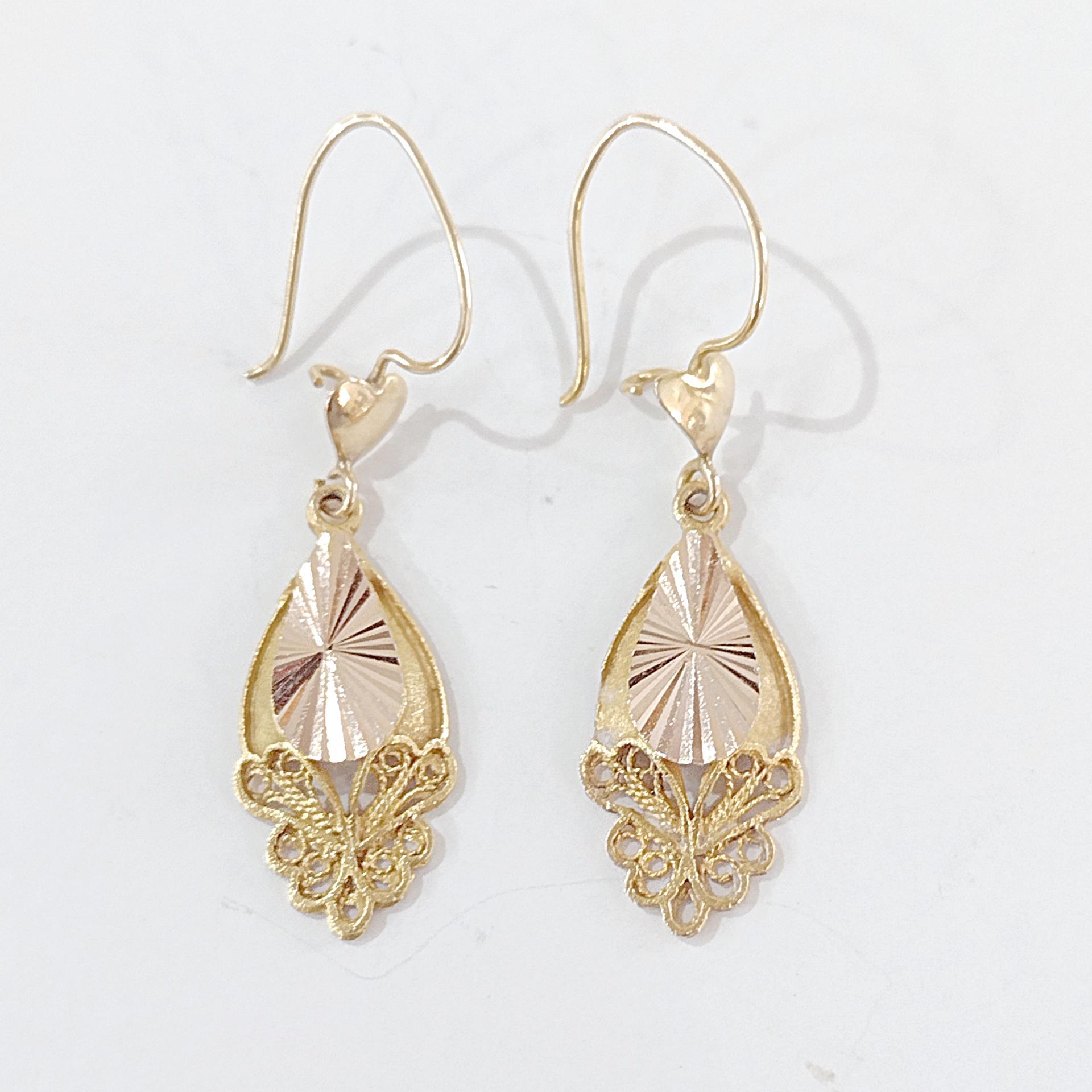 Vintage 22K Gold Filagree Sunburst Dangle Drop Earrings with Heart Accents