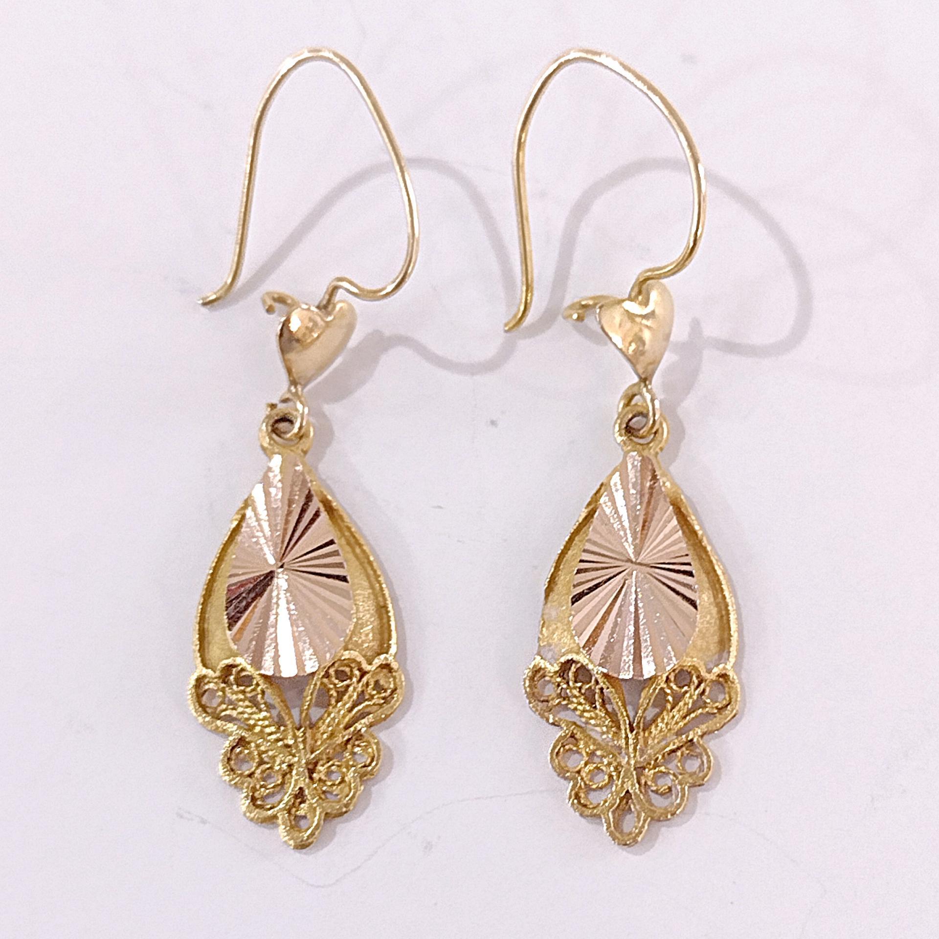 Vintage 22K Gold Filagree Sunburst Dangle Drop Earrings with Heart Accents