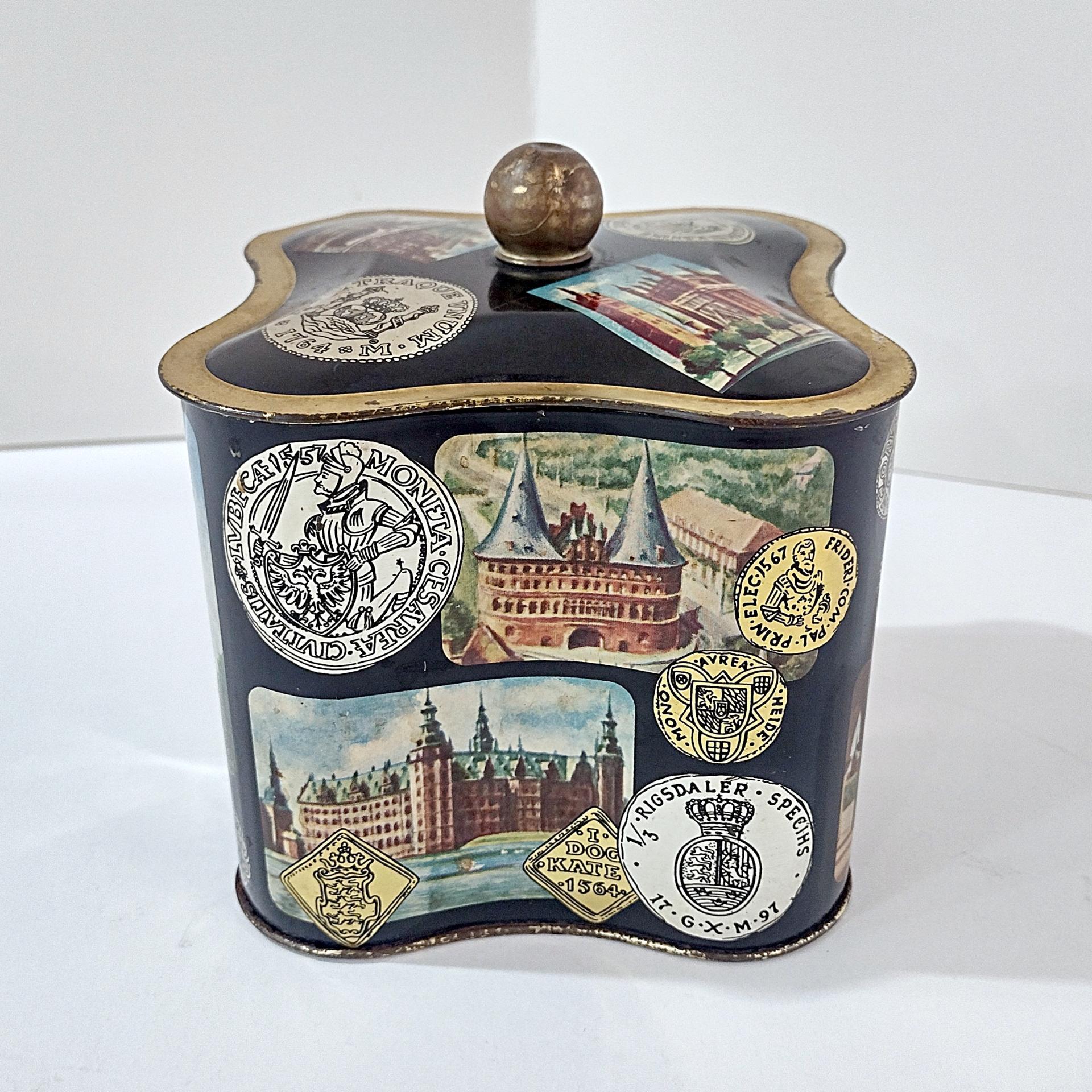 Vintage West Germany Biscuit Tin: World Monuments Design, Decorative Clover Shaped Metal Storage Container Box