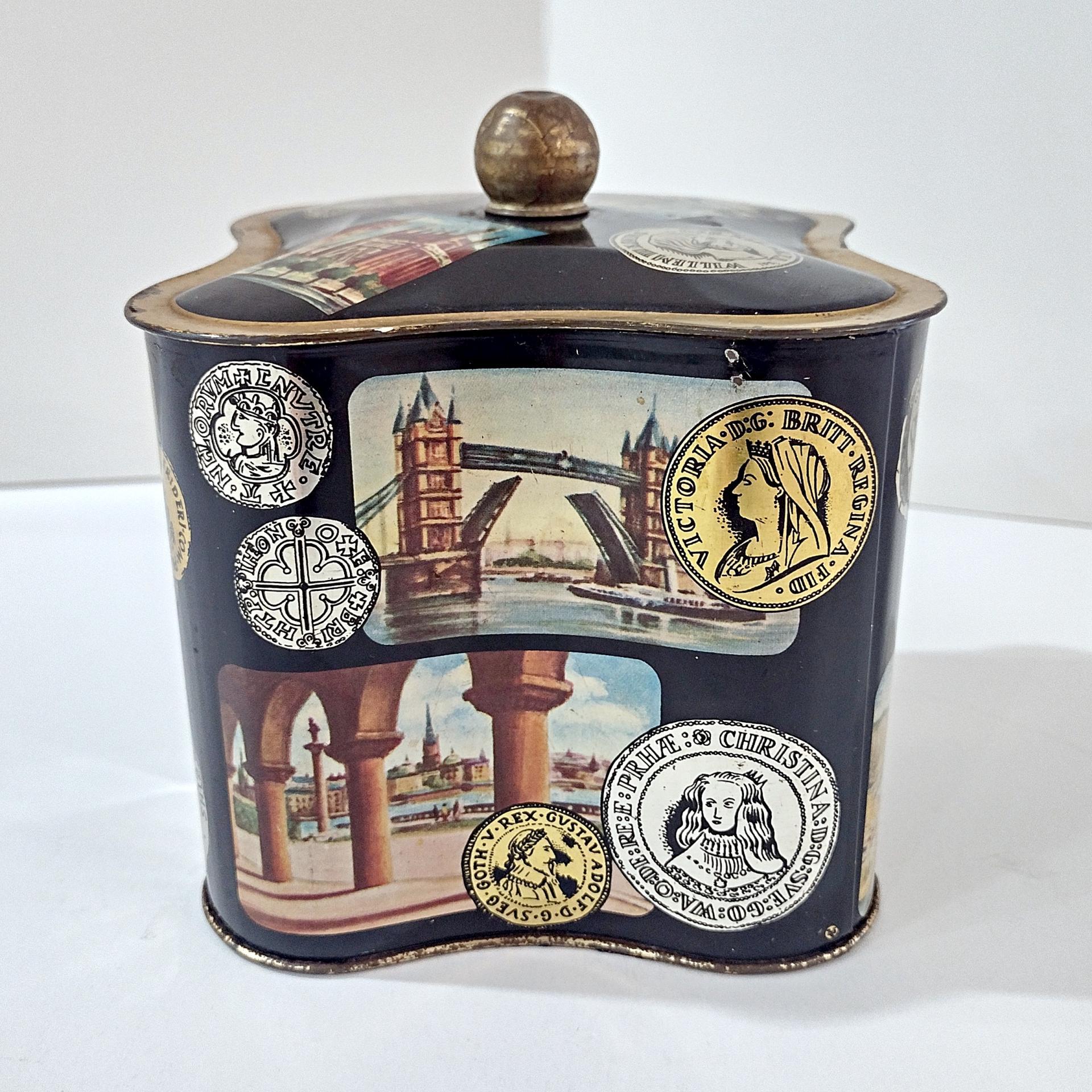 Vintage West Germany Biscuit Tin: World Monuments Design, Decorative Clover Shaped Metal Storage Container Box