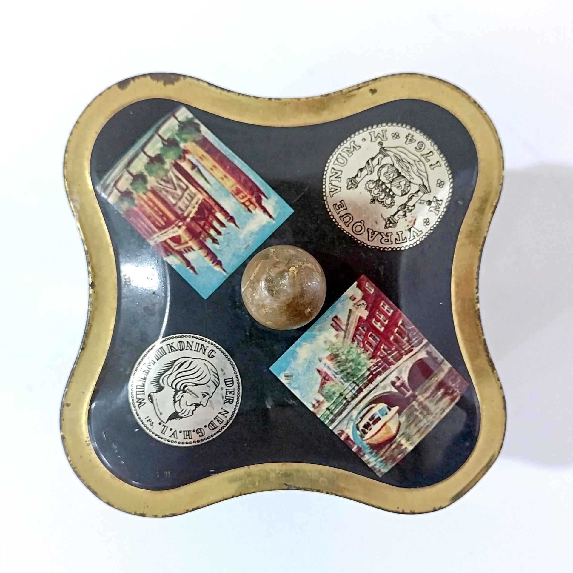 Vintage West Germany Biscuit Tin: World Monuments Design, Decorative Clover Shaped Metal Storage Container Box