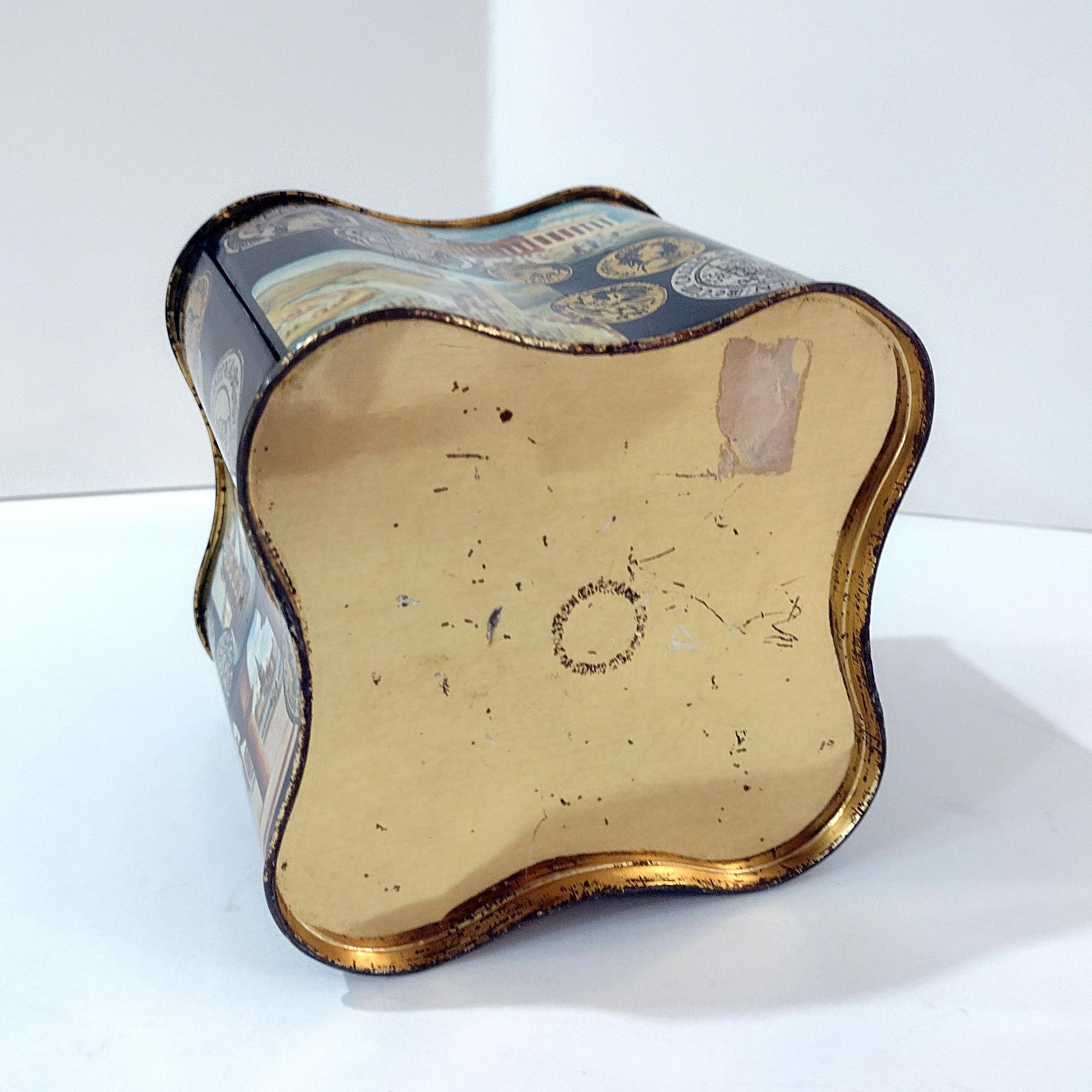 Vintage West Germany Biscuit Tin: World Monuments Design, Decorative Clover Shaped Metal Storage Container Box