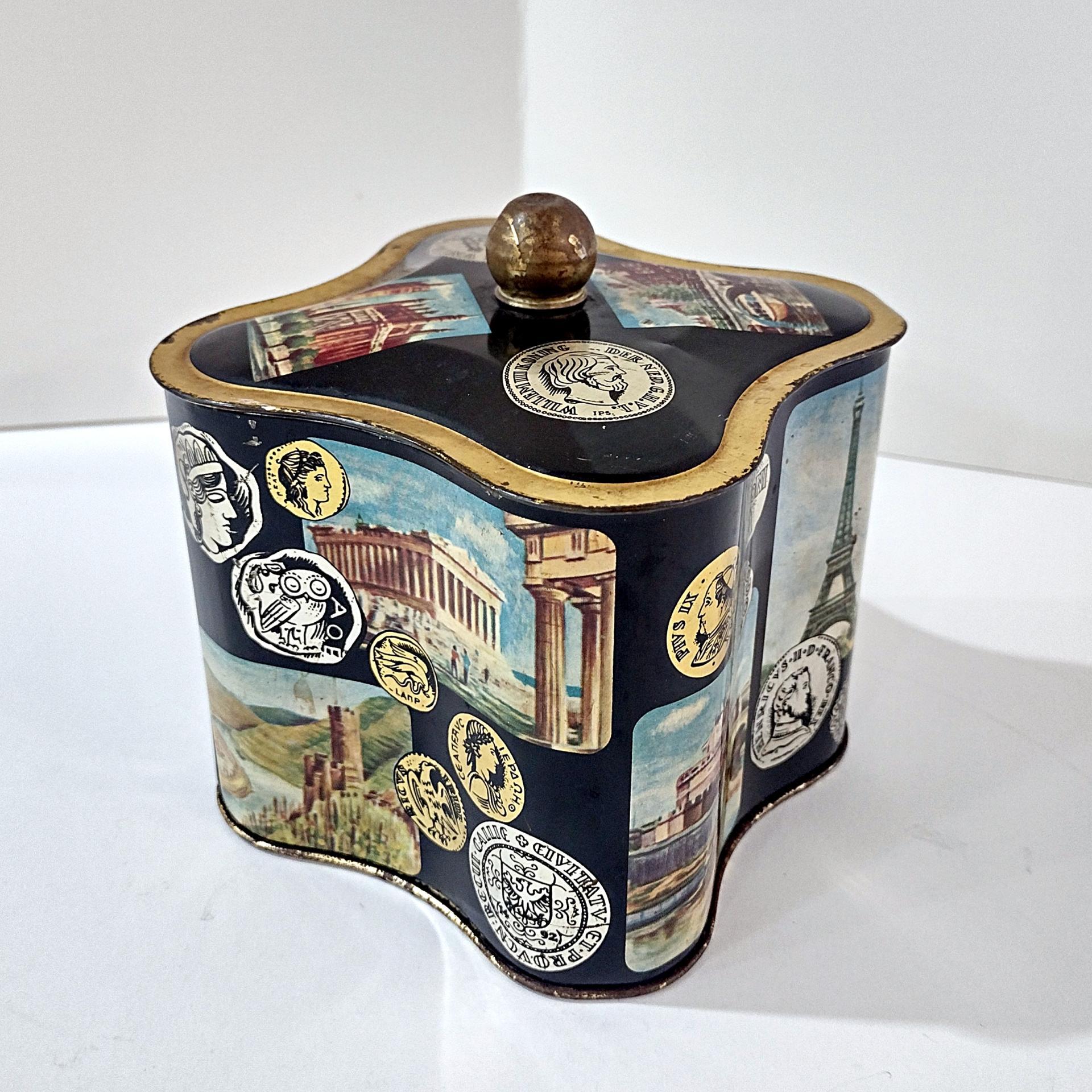 Vintage West Germany Biscuit Tin: World Monuments Design, Decorative Clover Shaped Metal Storage Container Box
