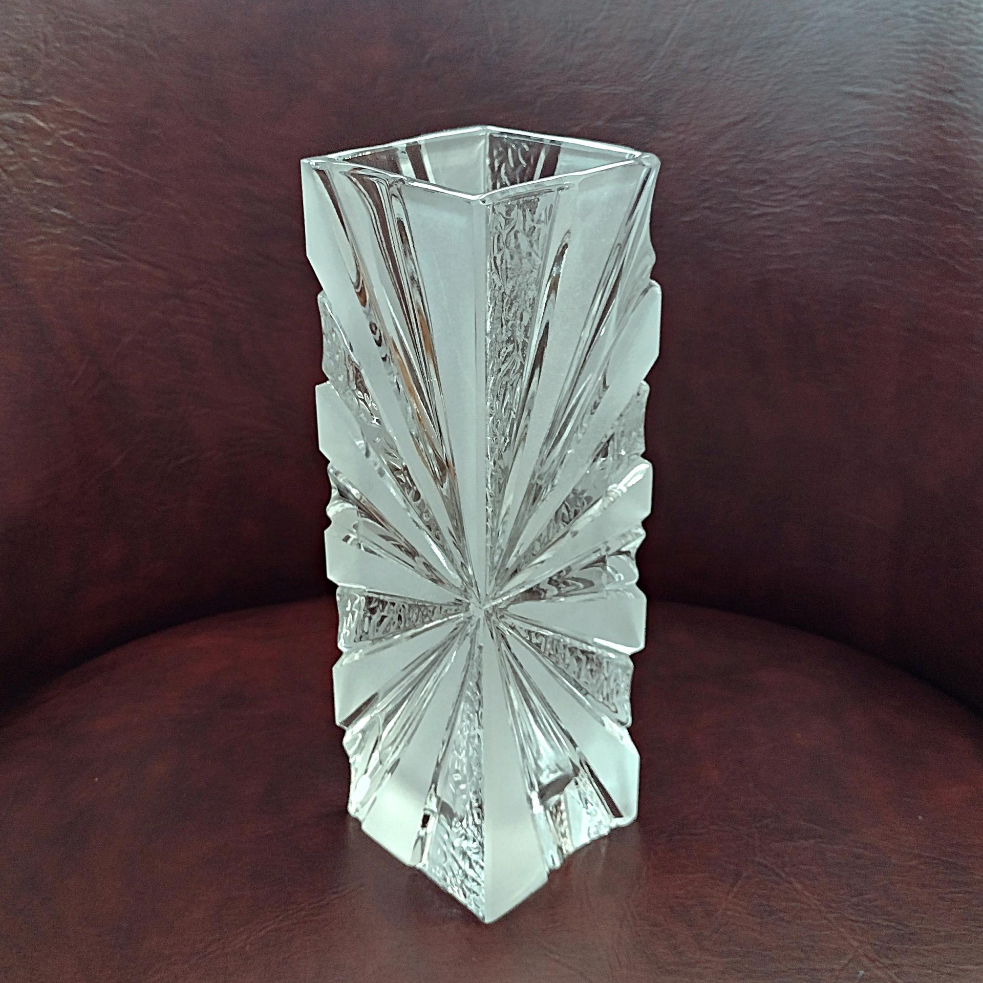 Vintage German Lead Crystal Frosted Sunburst Rectangular Flower Bud Vase